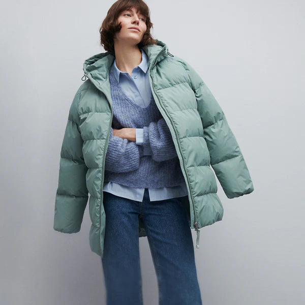 Nanso padded coat in green worn by model