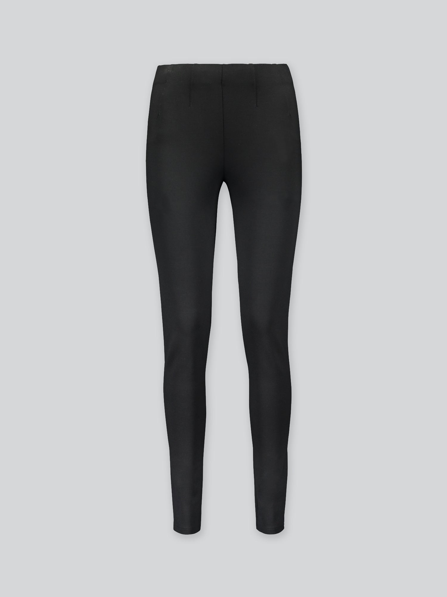 Nanso women's narrow black Fanni trousers feature a comfortable elastic waistband, full-length legs and four darts at the front and two at the back for a flattering silhouette. Product image from the front.