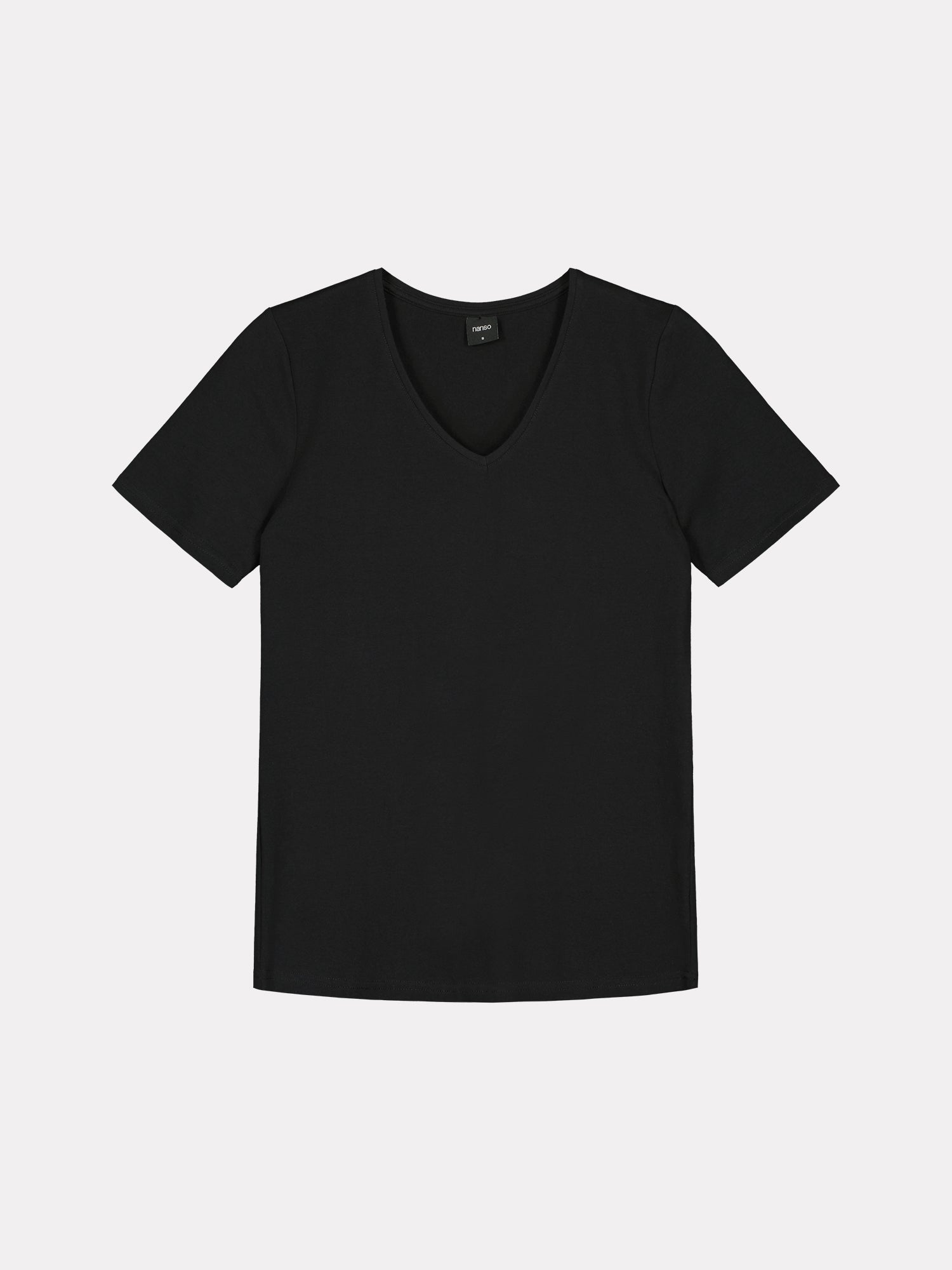 Women's Basic black T-shirt features a flattering V-neckline and comfortable short sleeves made from stretchy organic cotton-elastane blend, product image from the front.