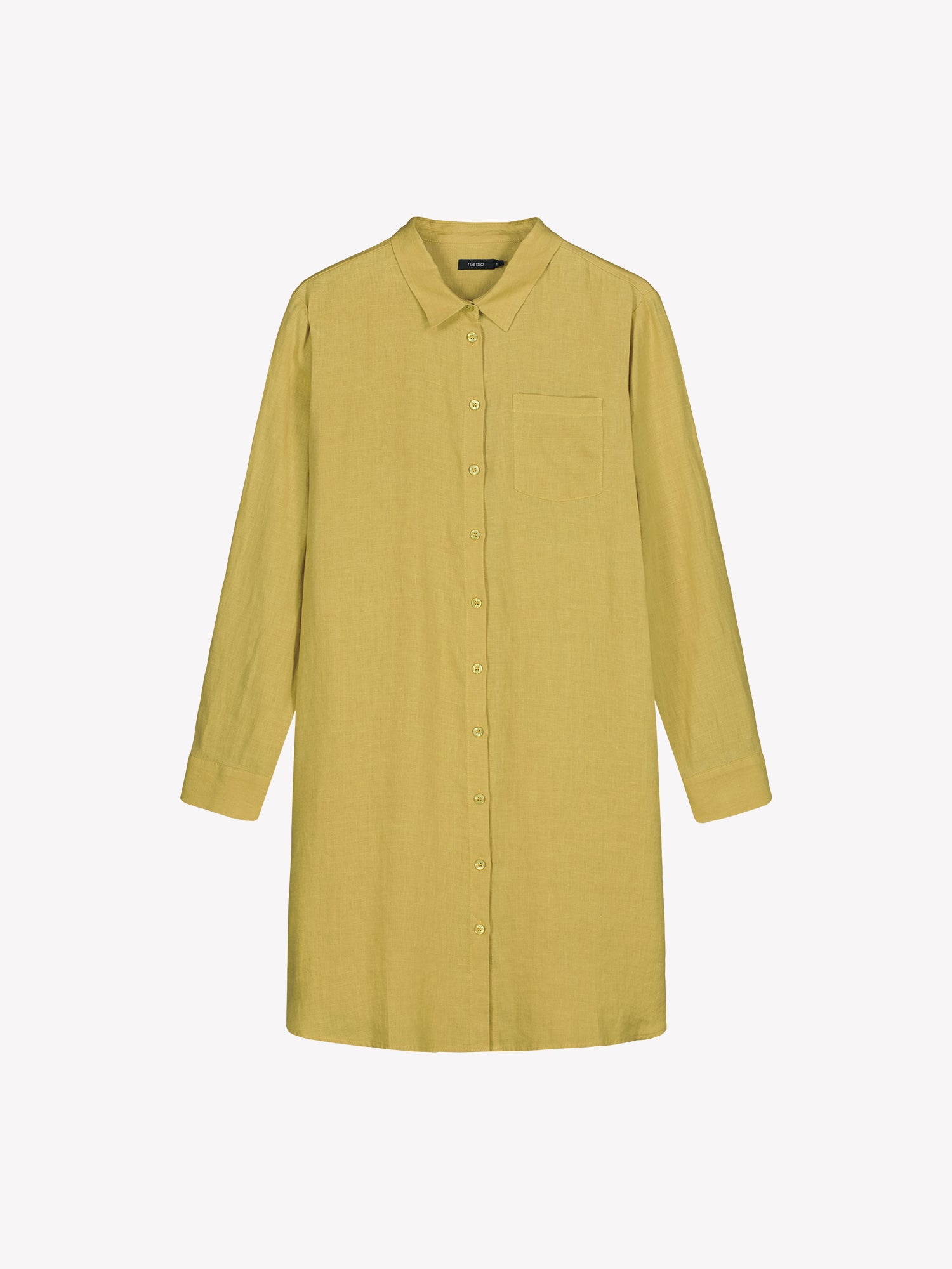 Nanso's long PELLAVA shirt in yellow ina product picture.
