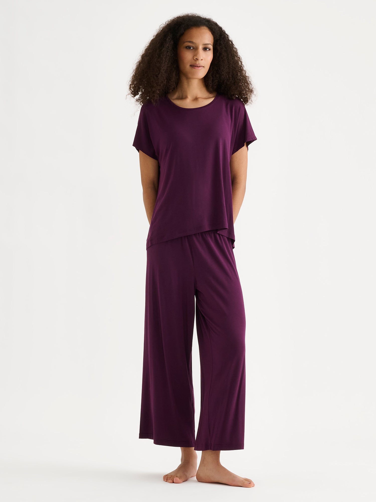 Nanson women's luxuriously soft Hento pants on a model with a matching t-shirt