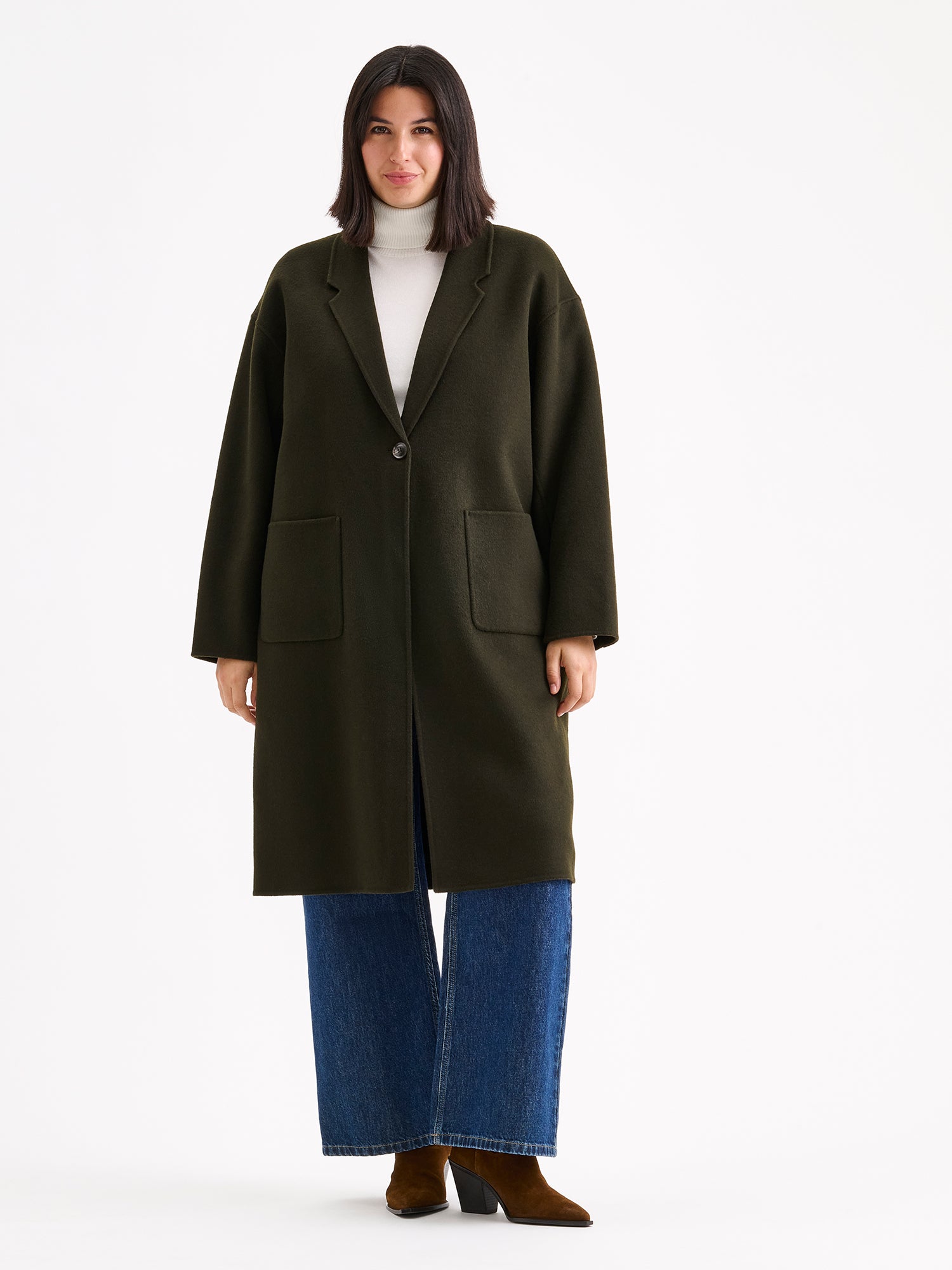 YLLE Women's Classic Olive Green Wool Overcoat | Nanso