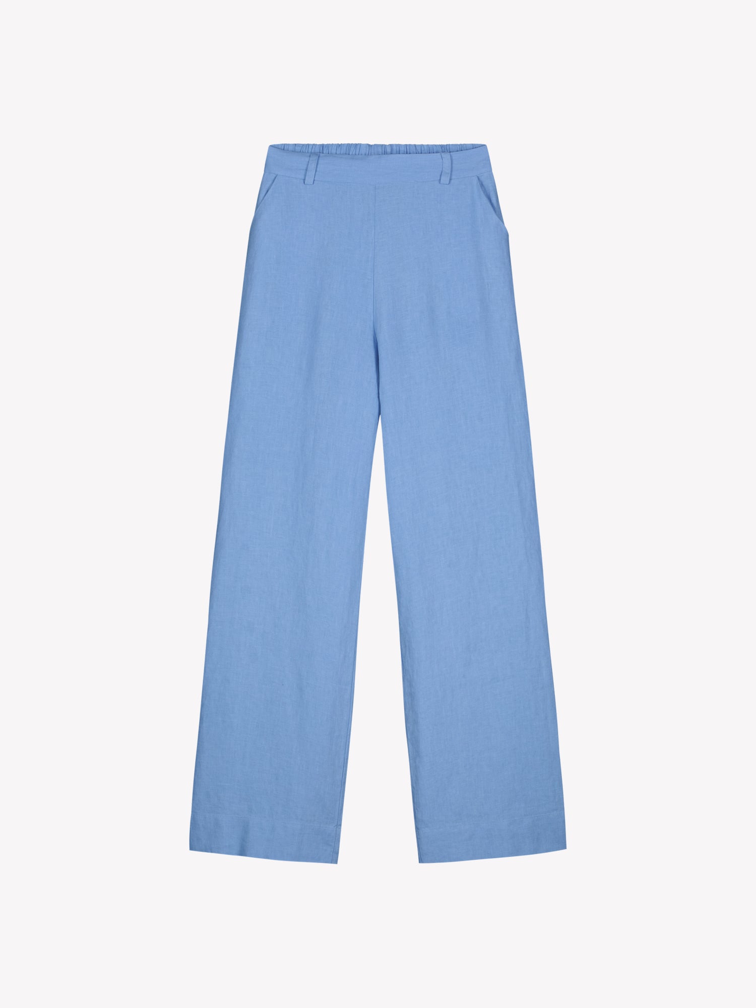 SAARI linen pants in a chic blue color in a product picture.