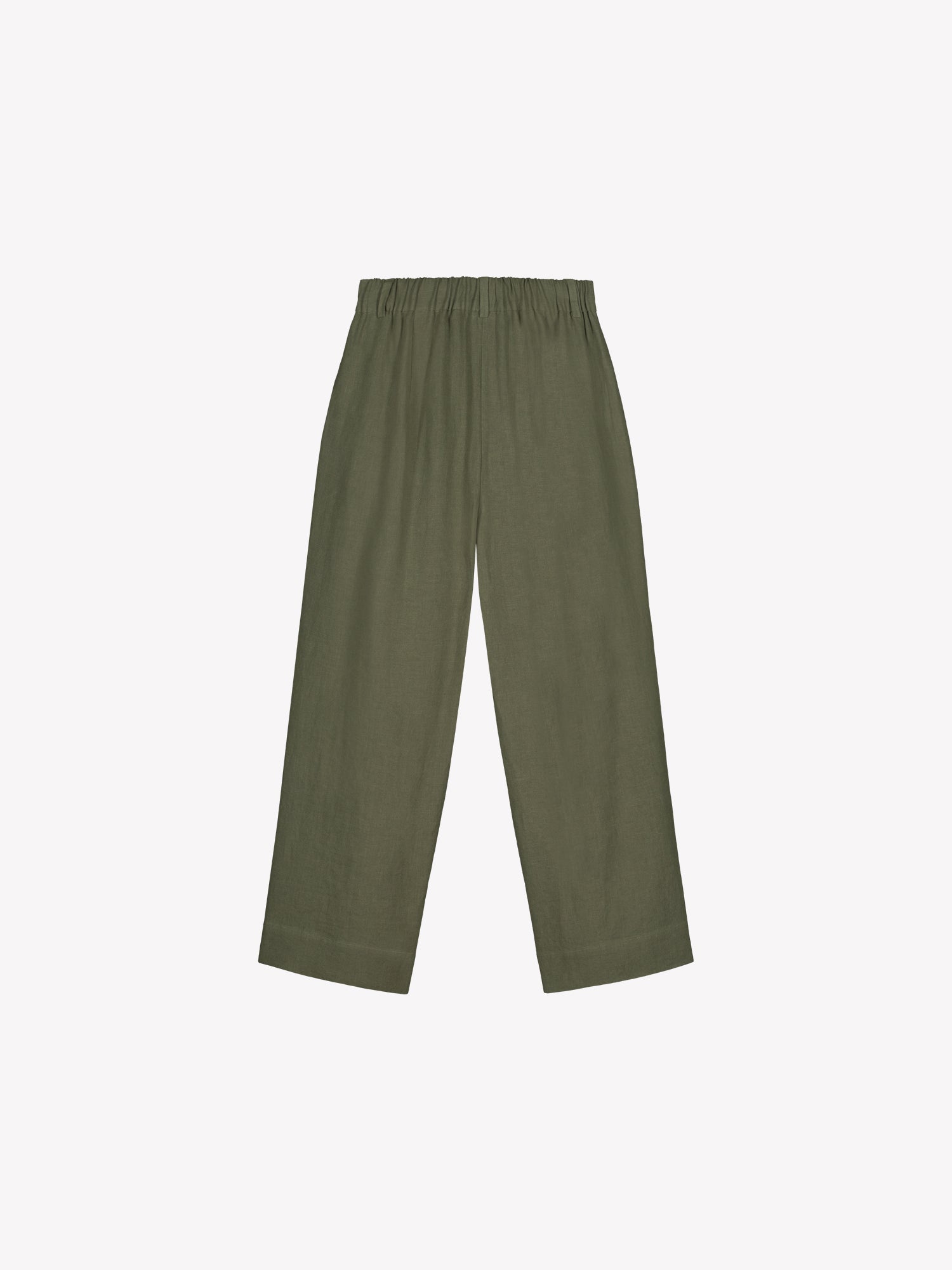 Nanso SAARI linen culottes with elasticated waist and side pockets in a sophisticated olive green shade in a product picture.