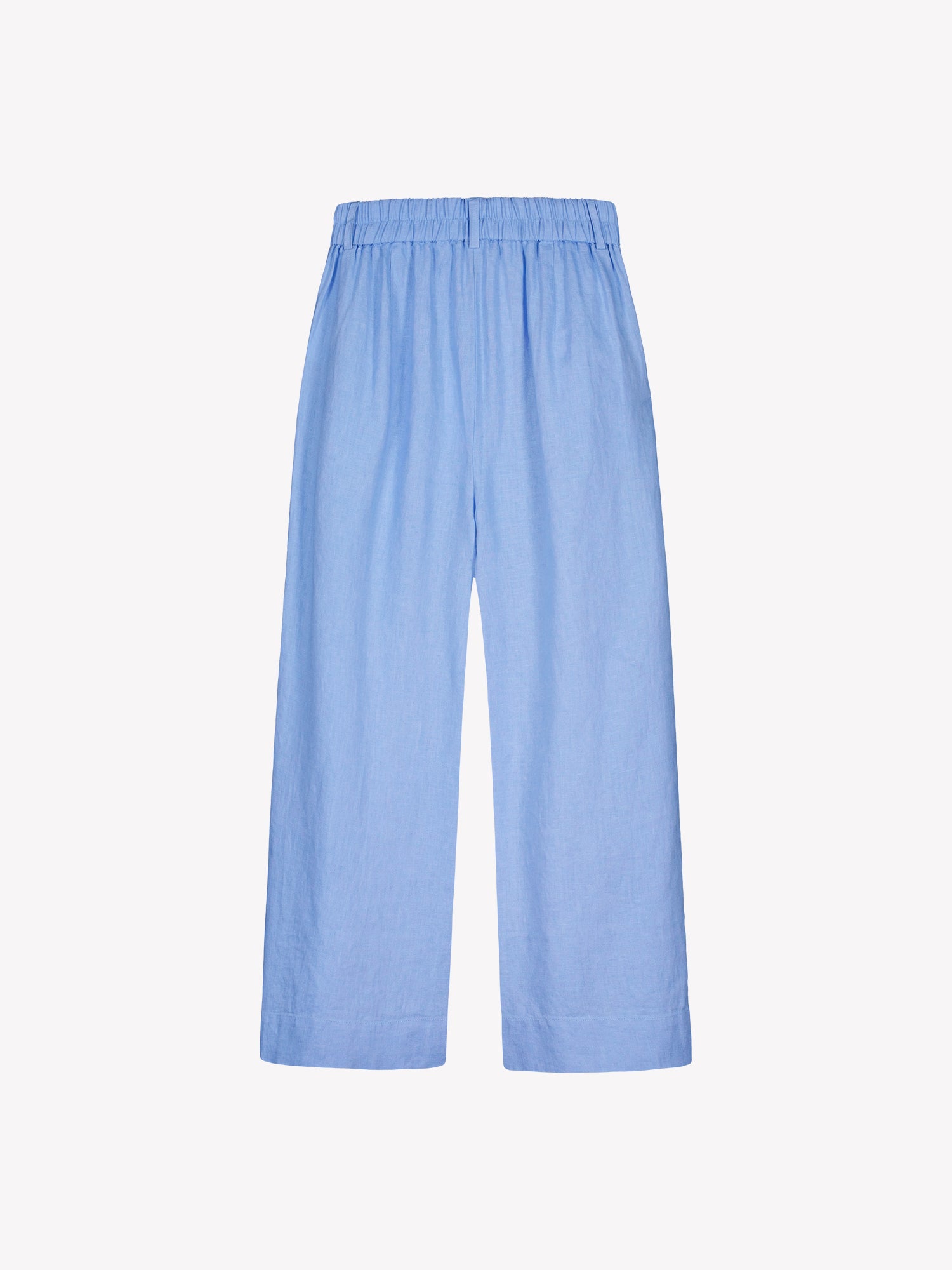 Nanso SAARI linen culottes with elasticated waist and side pockets in a sophisticated blue shade in a product picture from the backside