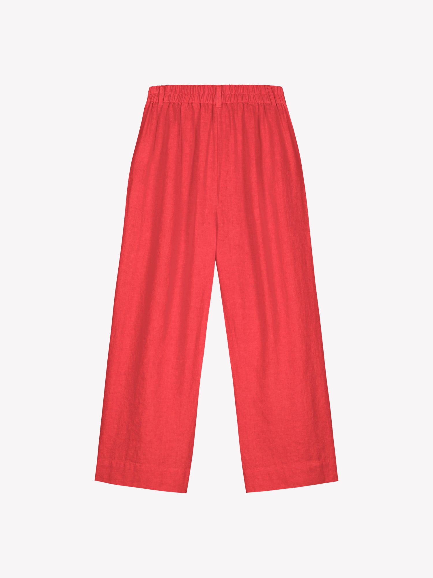 Nanso SAARI linen culottes with elasticated waist and side pockets in a sophisticated red shade in a product picture from the backside