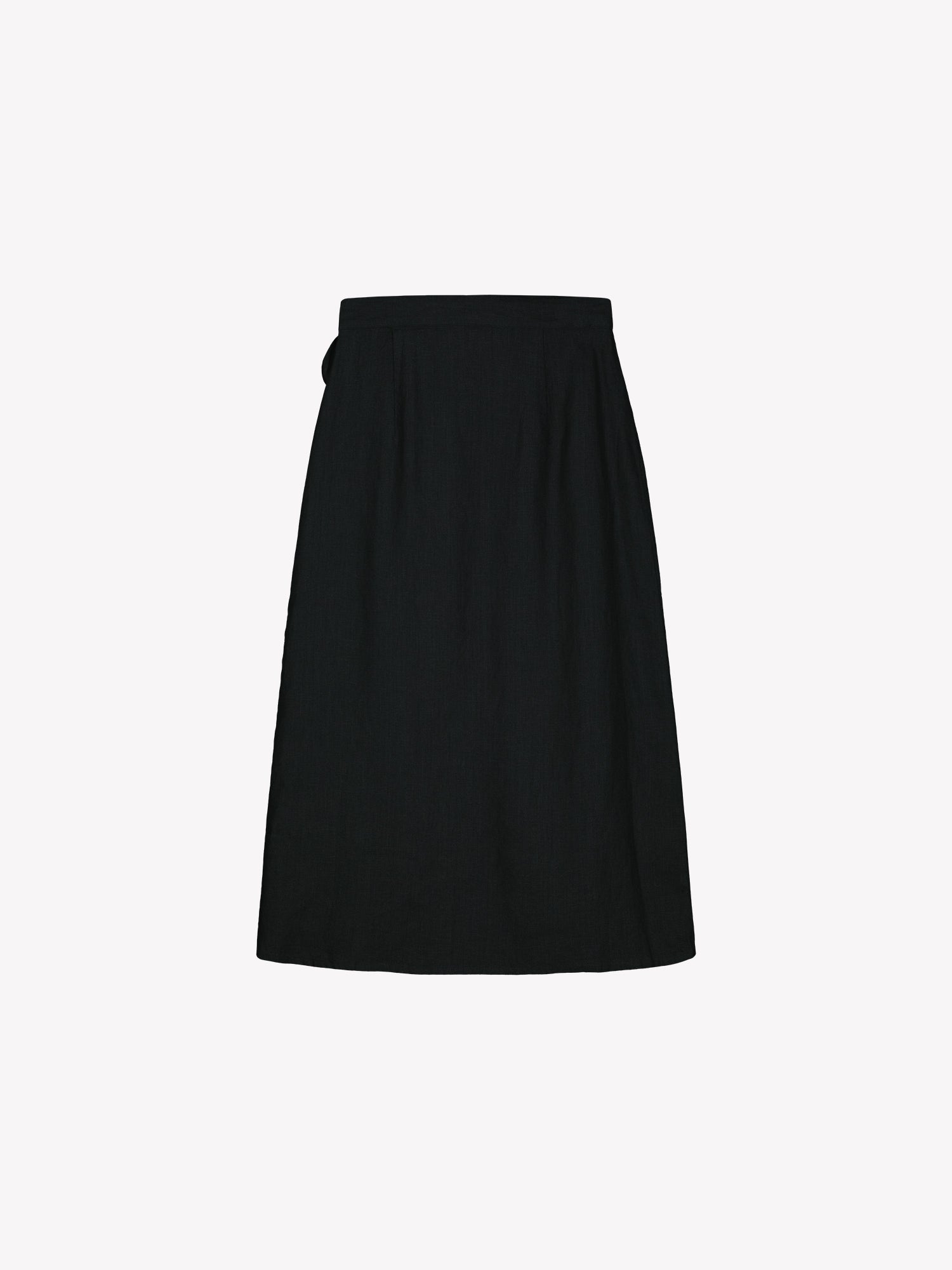 Nanso women's elegant black wrap-style Liine linen skirt in a product picture from the backside