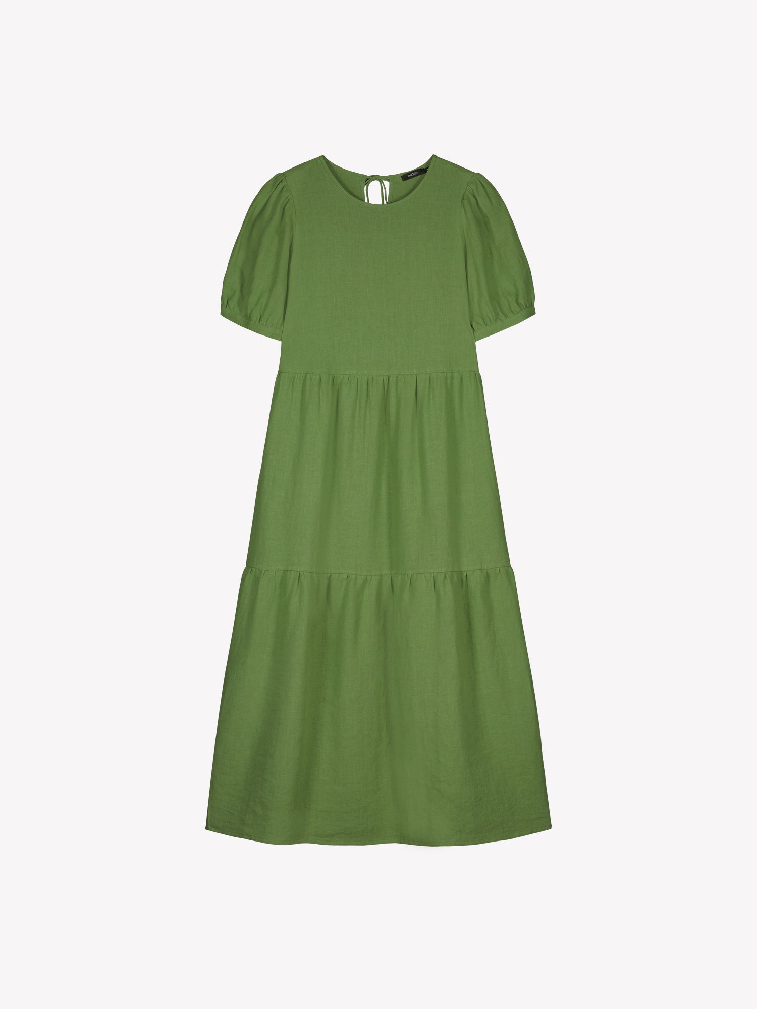 The Sarastus green dress for women is made of high-quality, durable, and breathable woven linen fabric. With its voluminous frill layers and short puff sleeves, this dress exudes both elegance and comfort. In a product picture