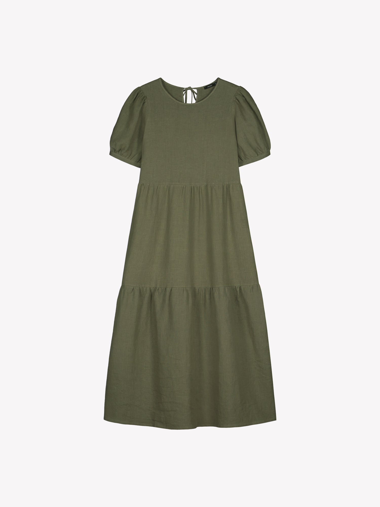 The Sarastus olive green dress for women is made of high-quality, durable, and breathable woven linen fabric. With its voluminous frill layers and short puff sleeves, this dress exudes both elegance and comfort. In a product picture.