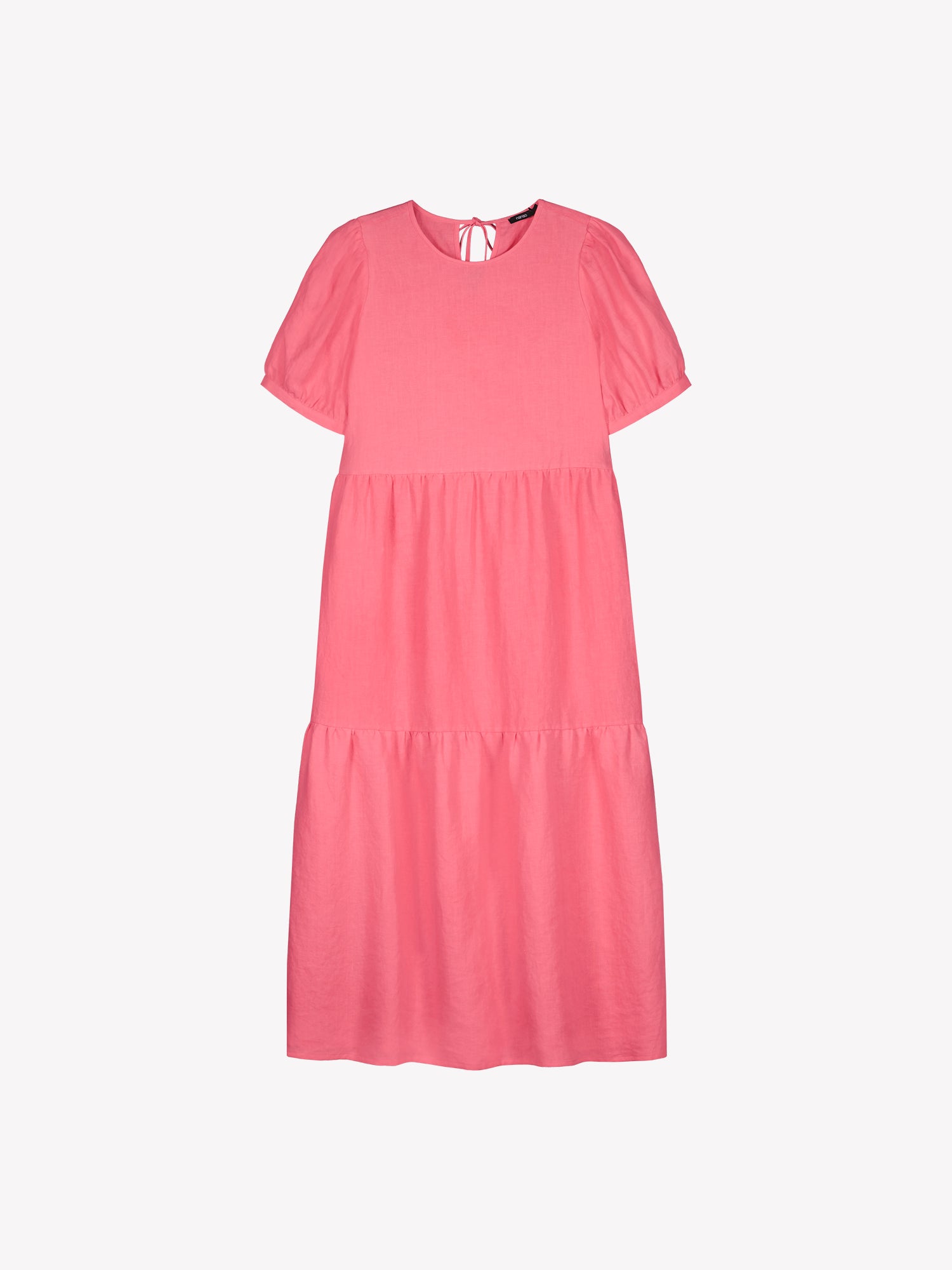 The Sarastus pink dress for women is made of high-quality, durable, and breathable woven linen fabric. With its voluminous frill layers and short puff sleeves, this dress exudes both elegance and comfort. In a product picture