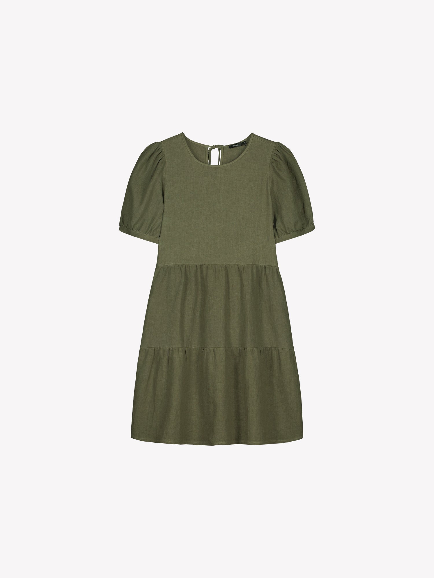 Nanso women's beautiful olive green Sarastus linen dress with voluminous frill layers and short puff sleeves in a product picture.