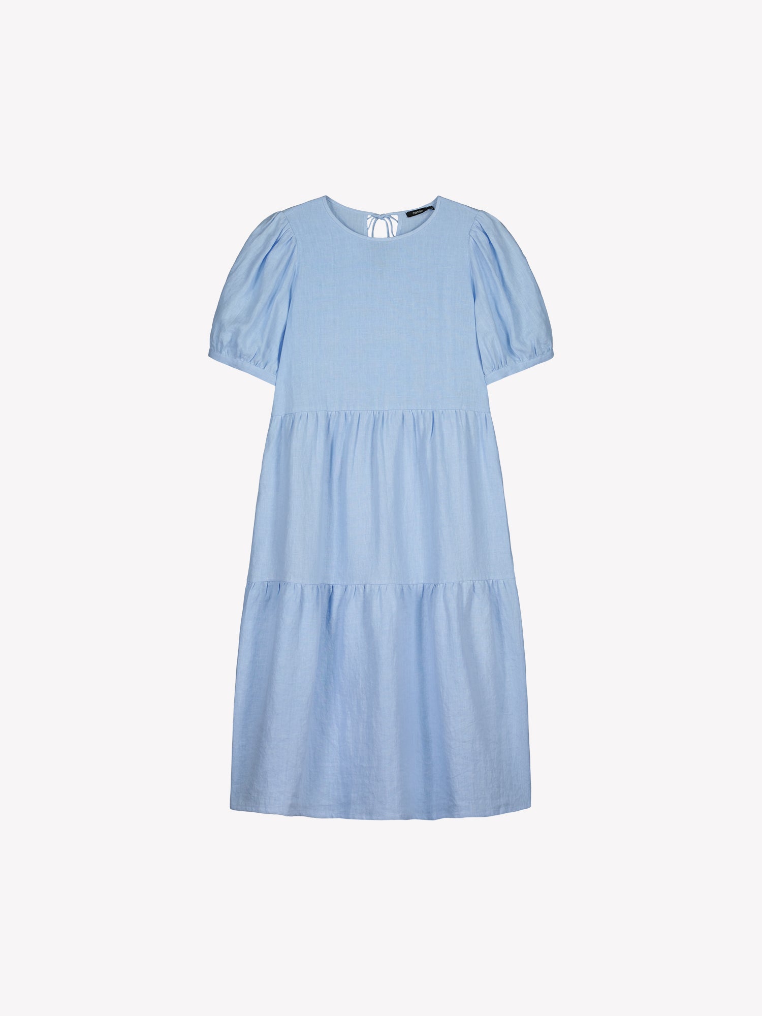 Nanso women's beautiful soft light blue Sarastus midi linen dress features voluminous frill layers and short puff sleeves. This stylish summer dress is made of high-quality linen. In a product picture.
