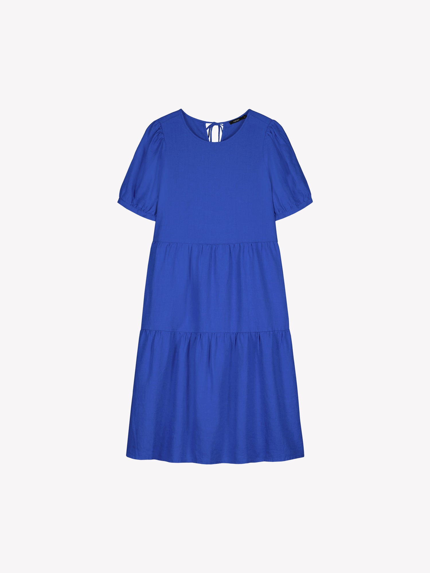 Nanso women's beautiful blue Sarastus midi linen dress features voluminous frill layers and short puff sleeves, in a product picture