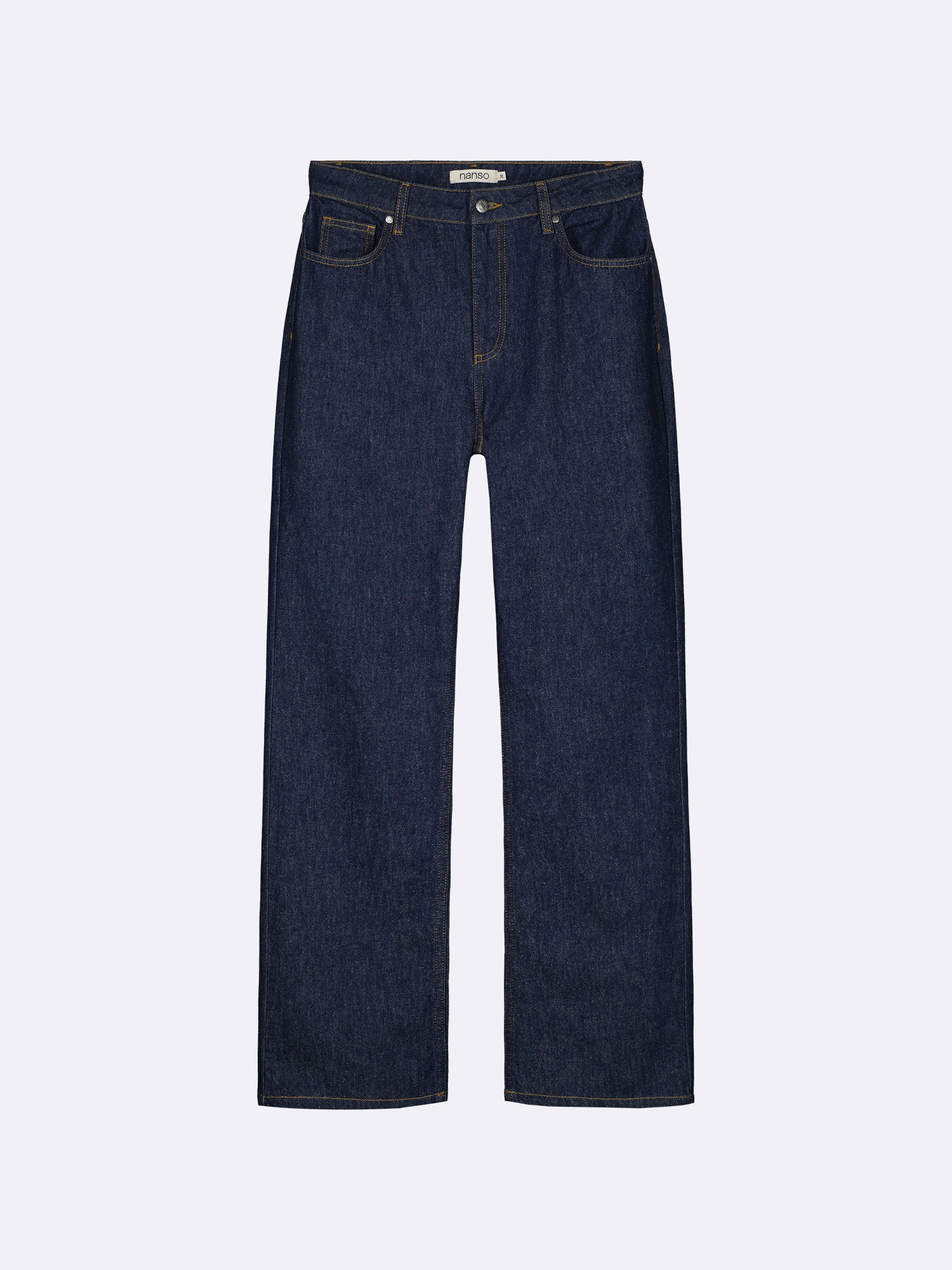Nanso women’s relaxed dark blue Suora jeans with a regular waist, product picture from the front. Straight-leg, full-length denim.