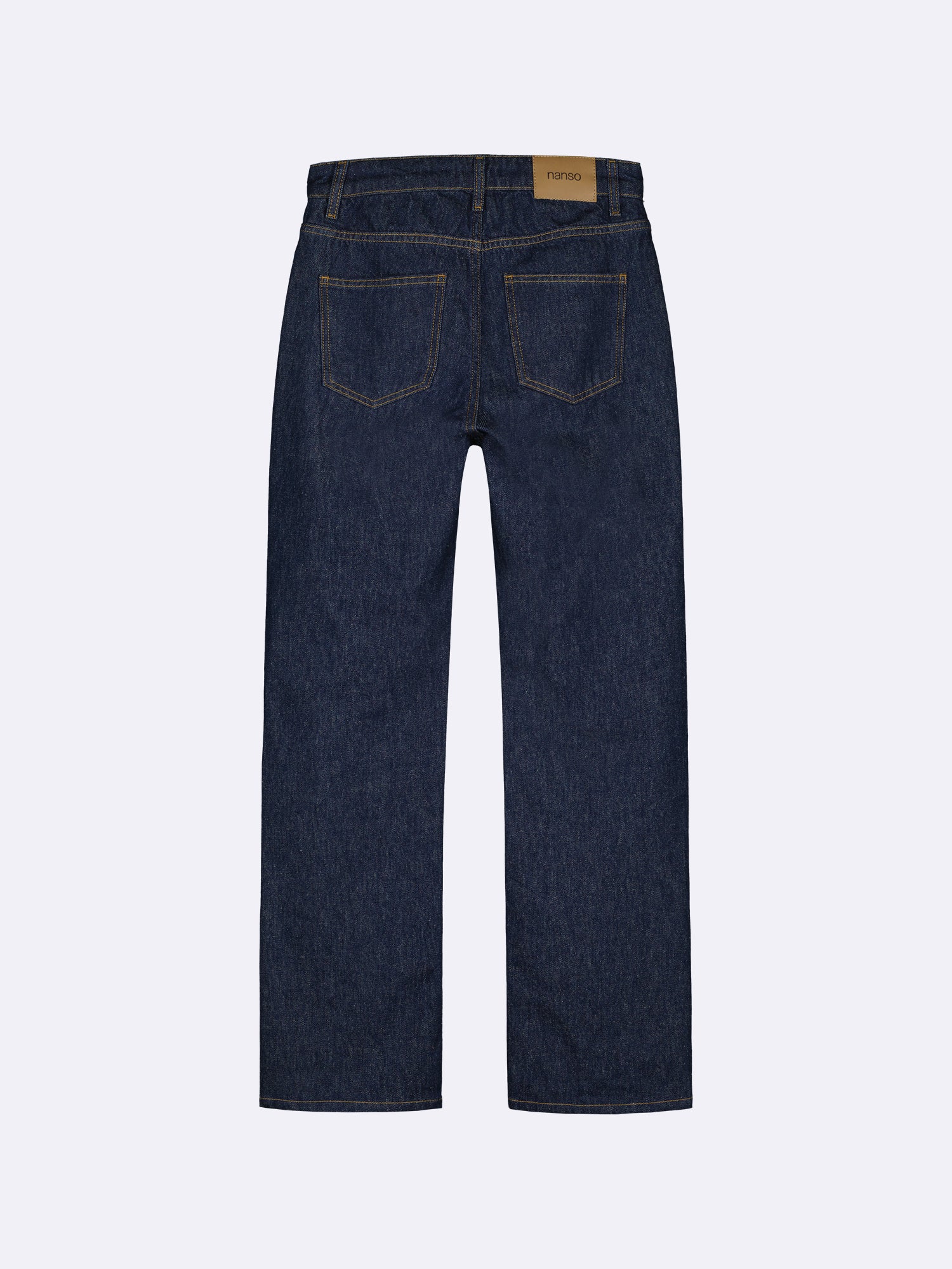 Nanso women’s relaxed dark blue Suora jeans with a regular waist, product picture from the back side. Straight-leg, full-length denim.