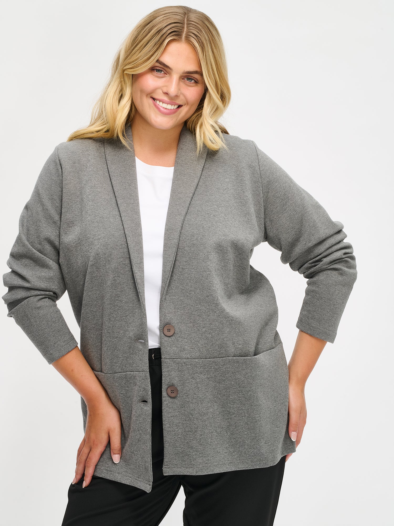Nanso's classic women's Leija jacket in grey, front, close-up
