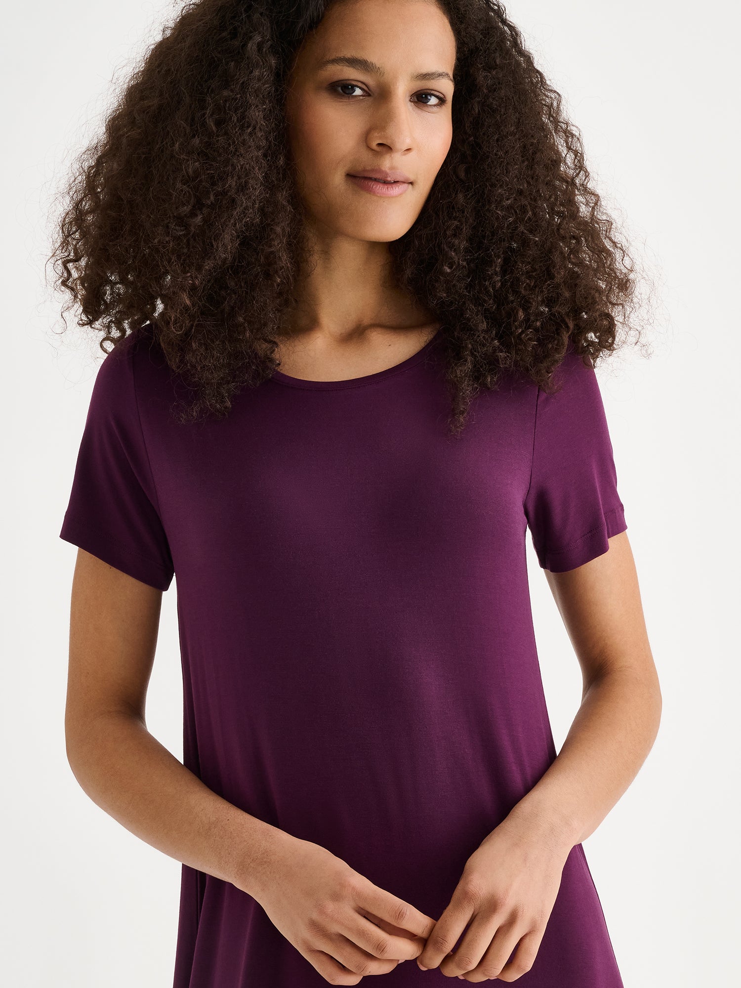 Nanso women's solid Hento nightgown with short sleeves and a round neckline pictured on a model