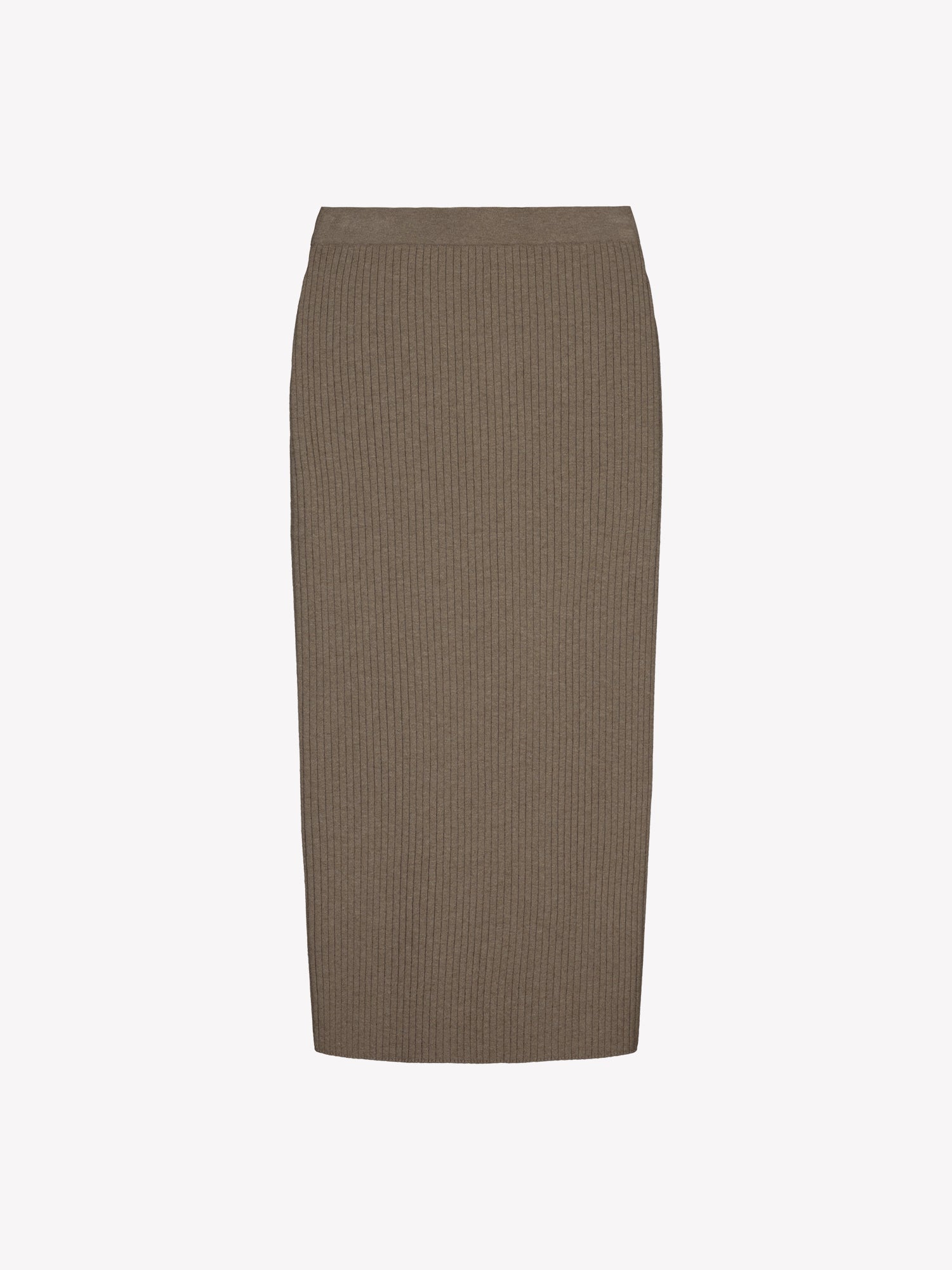 Nanso women´s Villis ribbed knit skirt in grey brown. In a product image.
