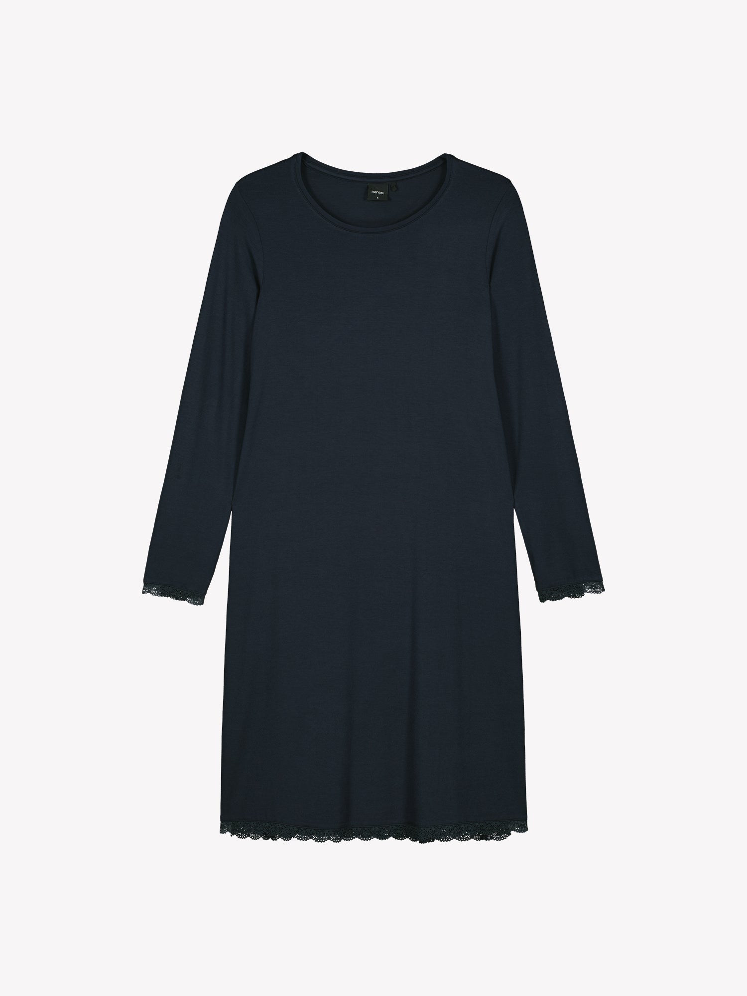 The dark blue short Pitsi nightgown with long sleeves in a product picture.