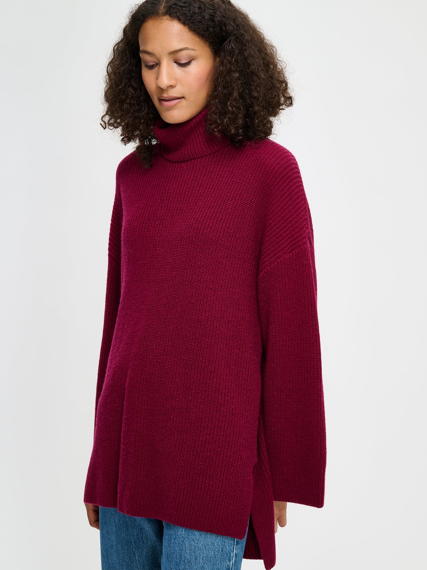Nanso's relaxed burgundy Pamela knit tunic, close-up