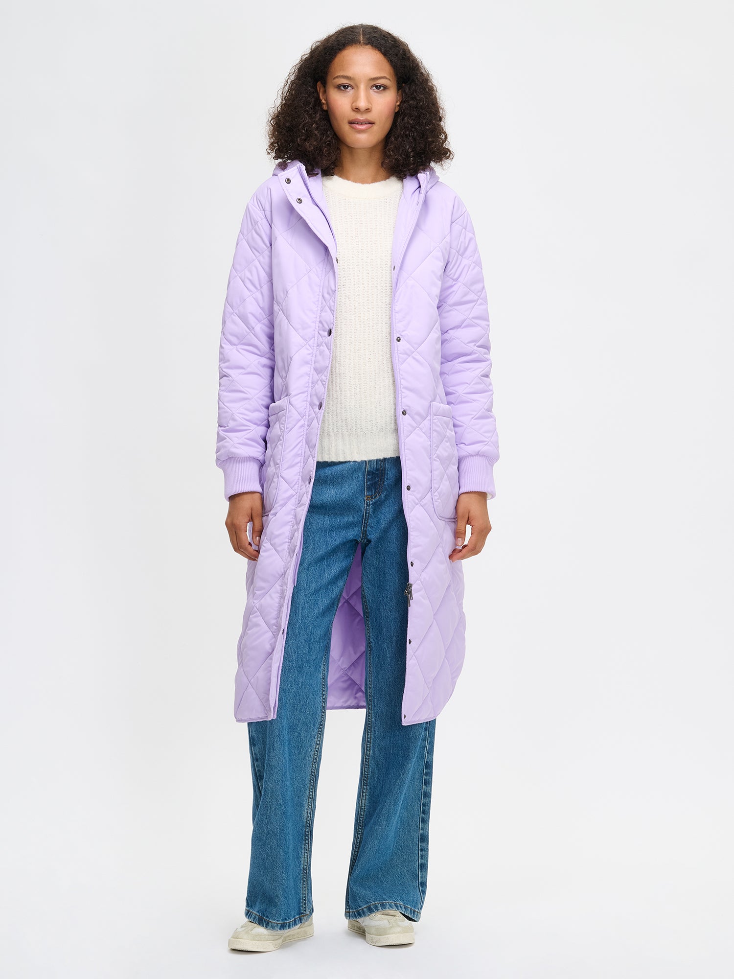 Nanso women's casual lilac Maxi quilted coat with light padding and a cozy hood, open front