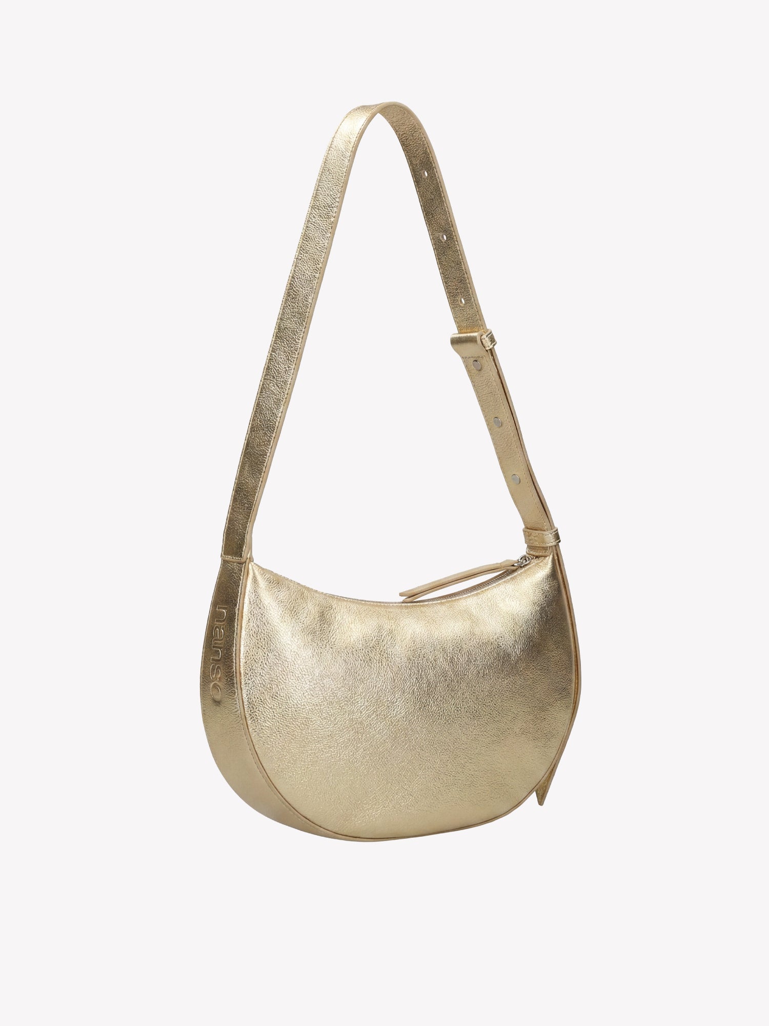 Nanso OLKA KUU - half moon-shaped leather shoulder bag in gold, side angle