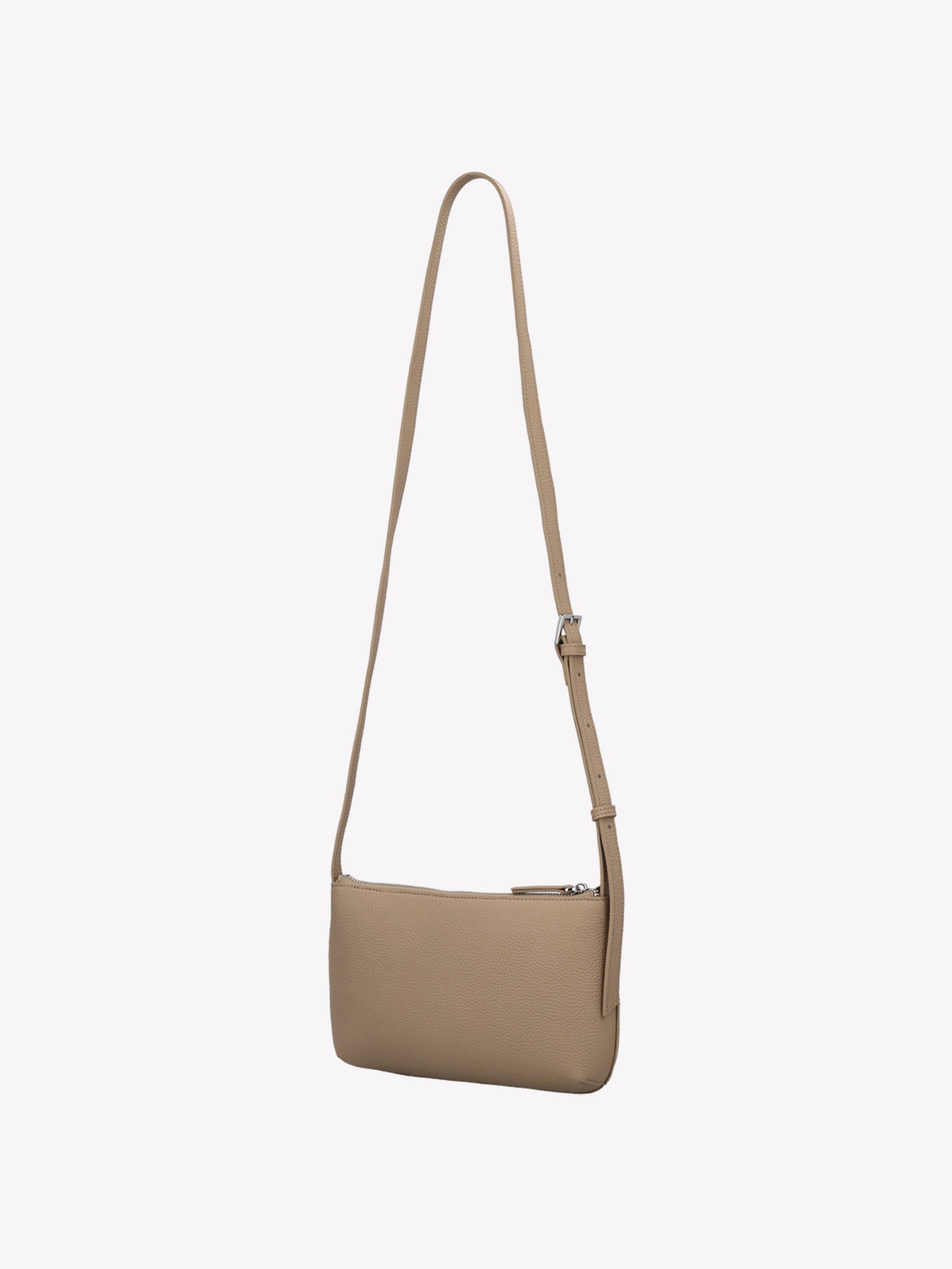 Nanso sleek light beige Naru leather bag comes with a long, adjustable shoulder strap and a secure zip closure. Made from certified leather. Product picture from the back.