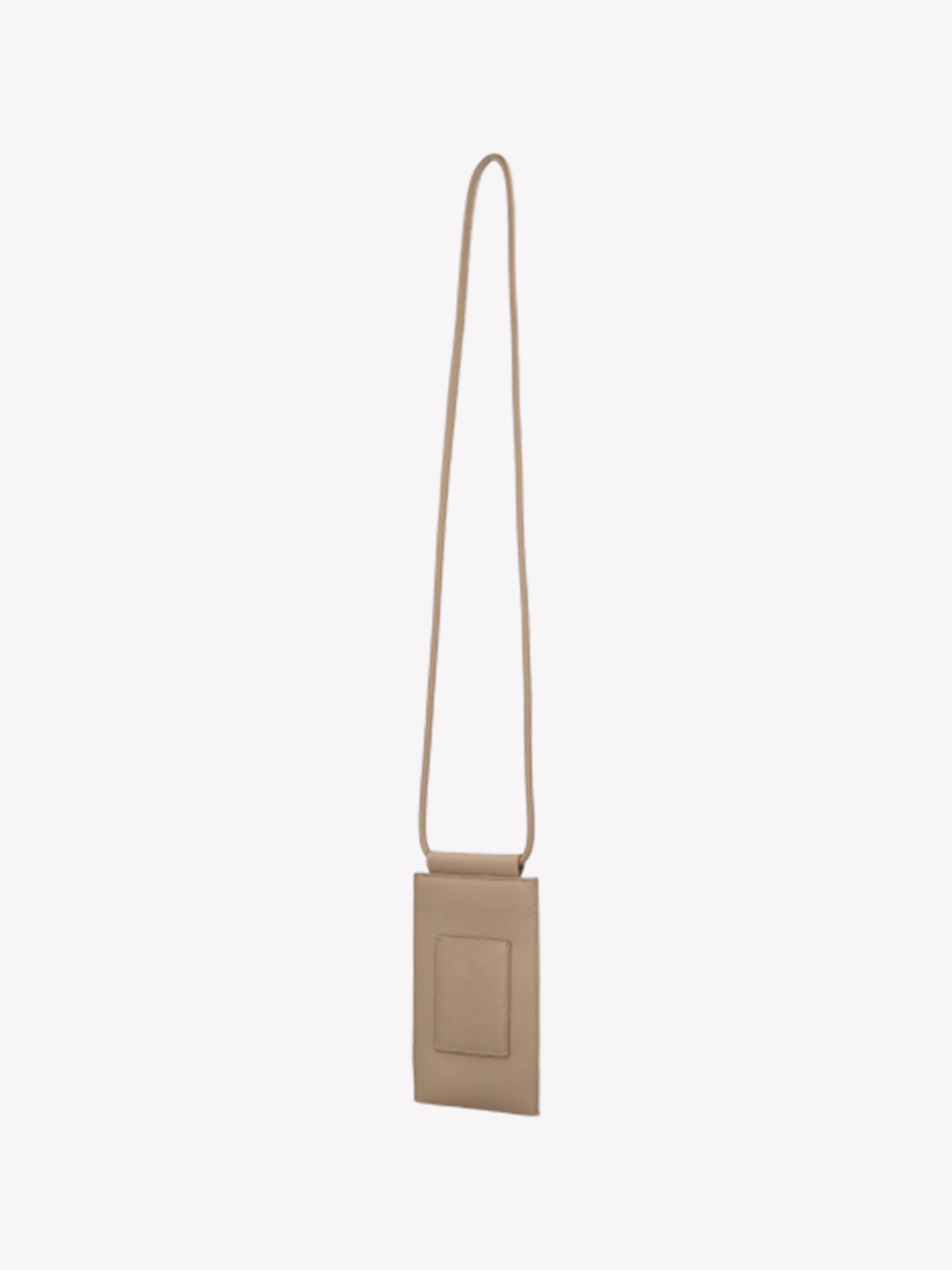 Nanso stylish light beige Mini Naru phone bag. This compact leather bag features a long shoulder strap and a small pocket for your card essentials. Product picture.