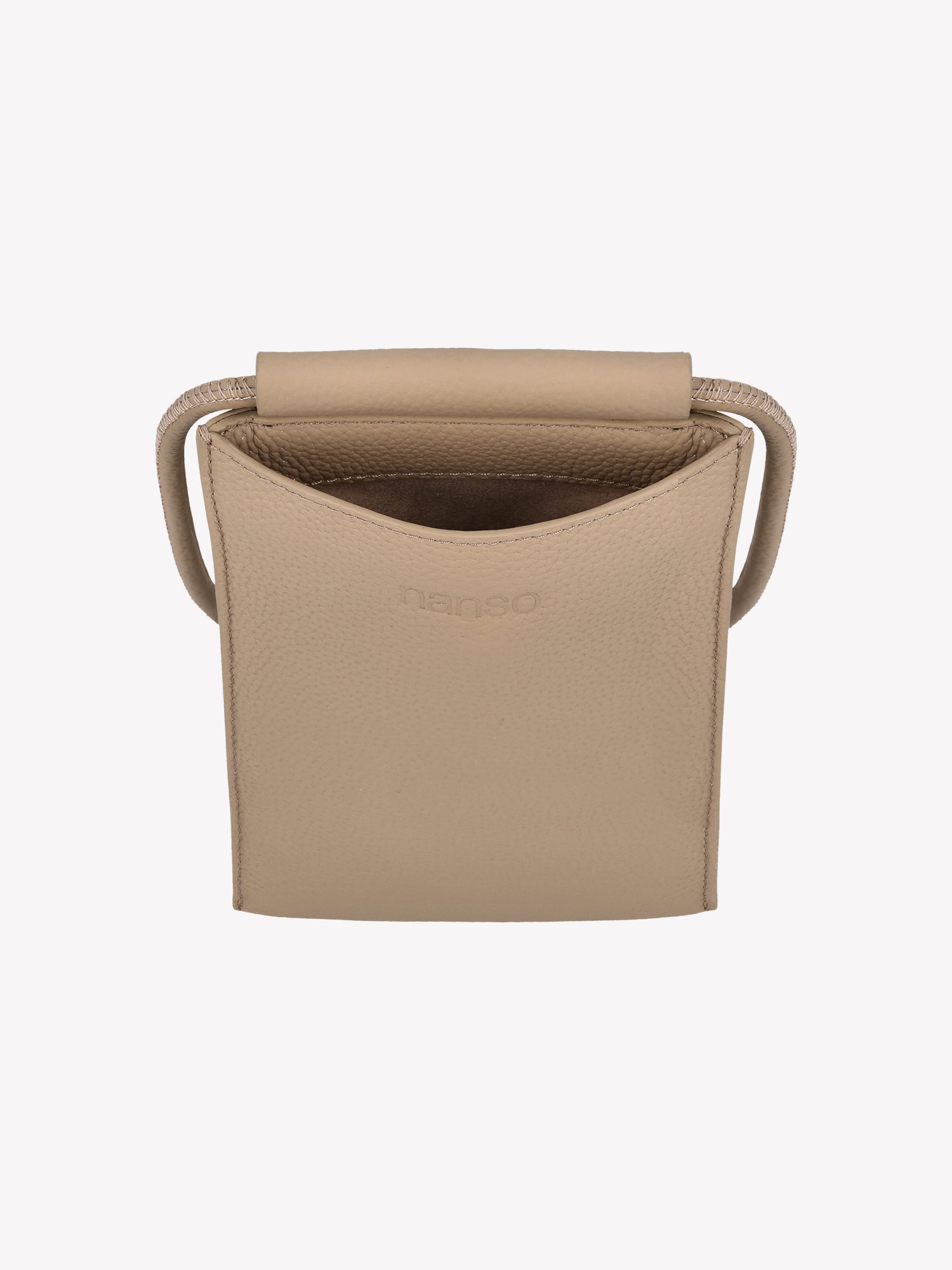 Nanso stylish light beige Mini Naru phone bag. This compact leather bag features a long shoulder strap and a small pocket for your card essentials. Product picture from the above, close-up.