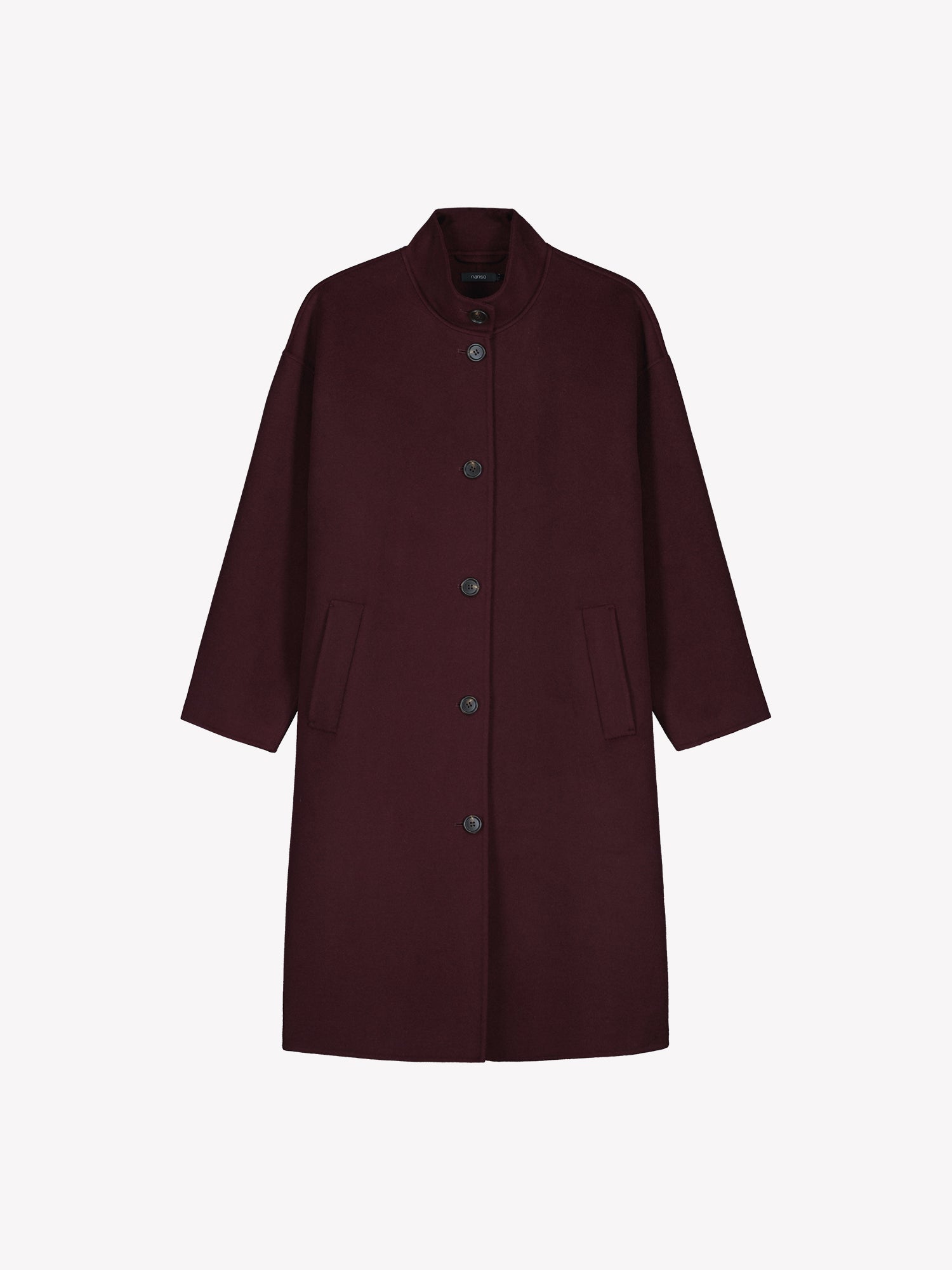 Nanso women's long burgundy Elle wool coat in a product picture
