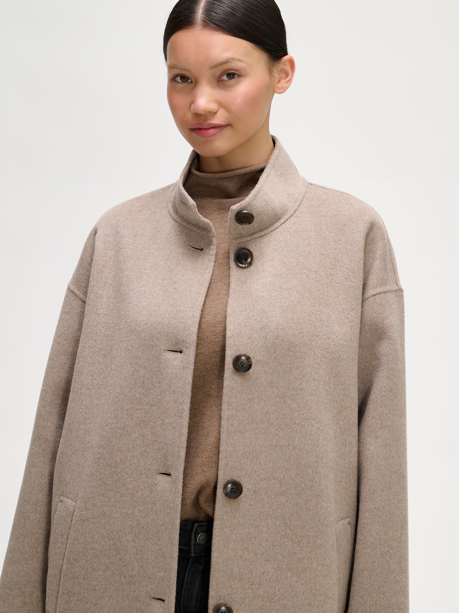 Nanso women's long beige Elle wool coat, open