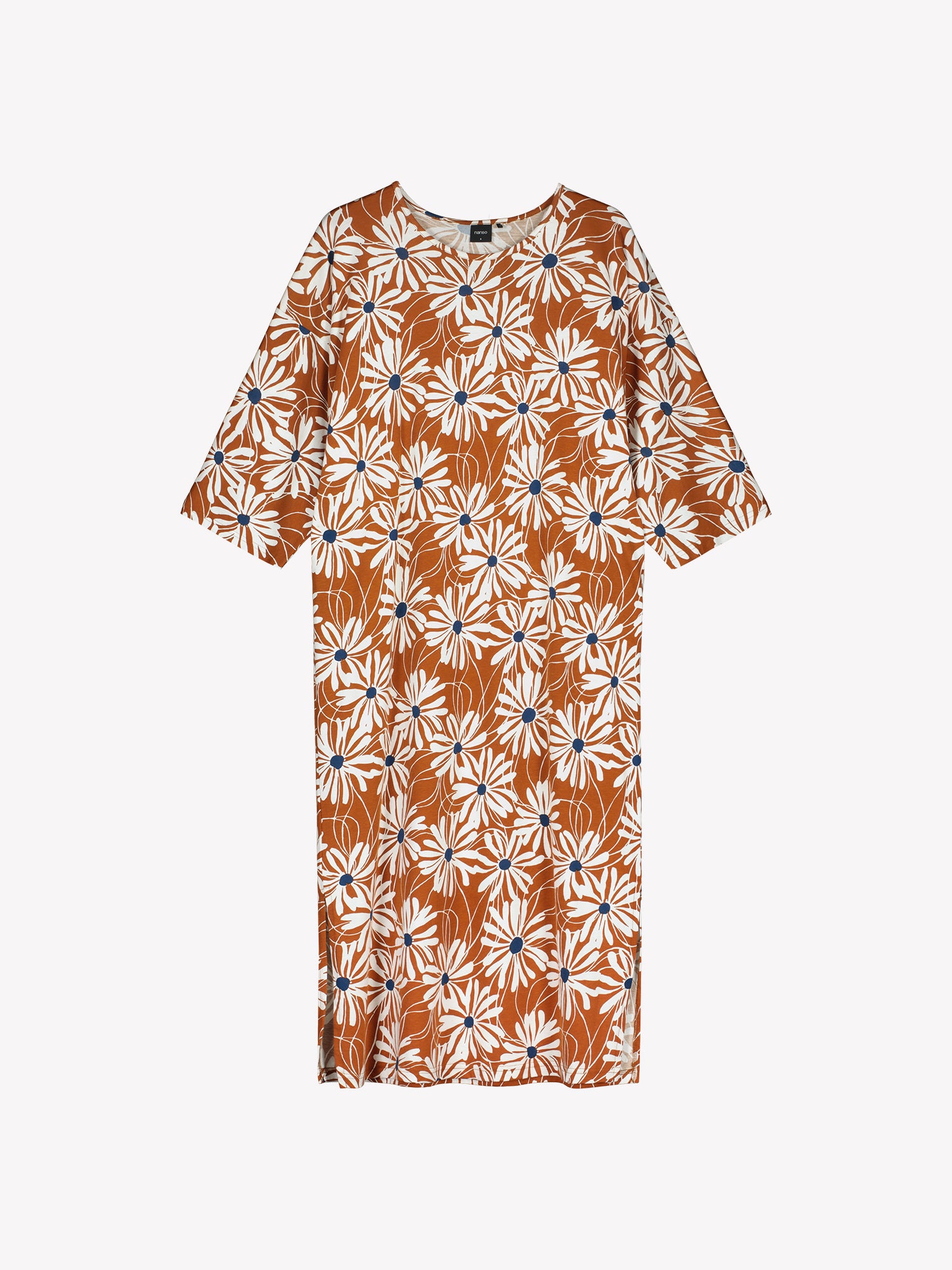 Brown kaftan with white floral pattern in a product picture.