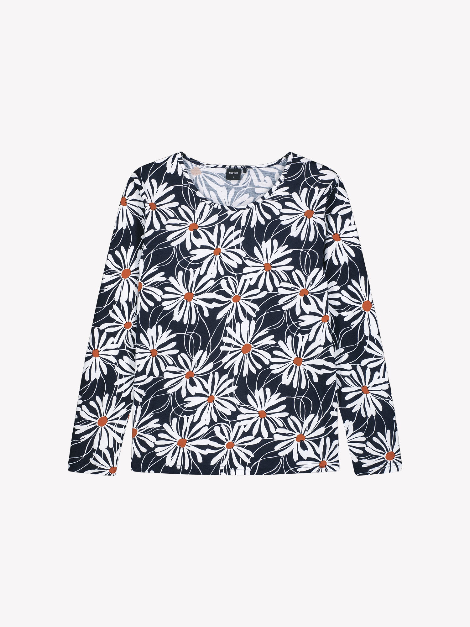 Long-sleeve shirt with floral pattern on a white background in a product picture.