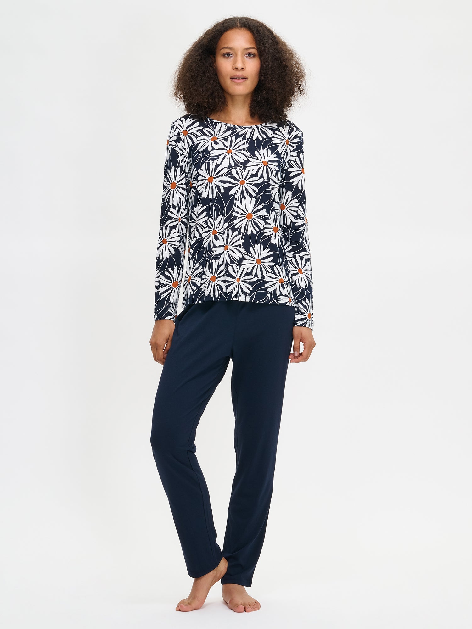 Anette floral pajama set in blue on a model.