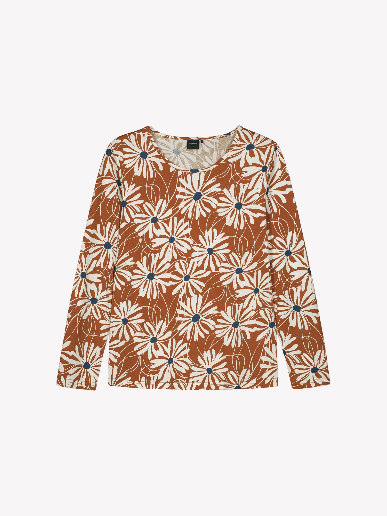 Brown long-sleeve shirt with floral pattern on a white background in a product picture.