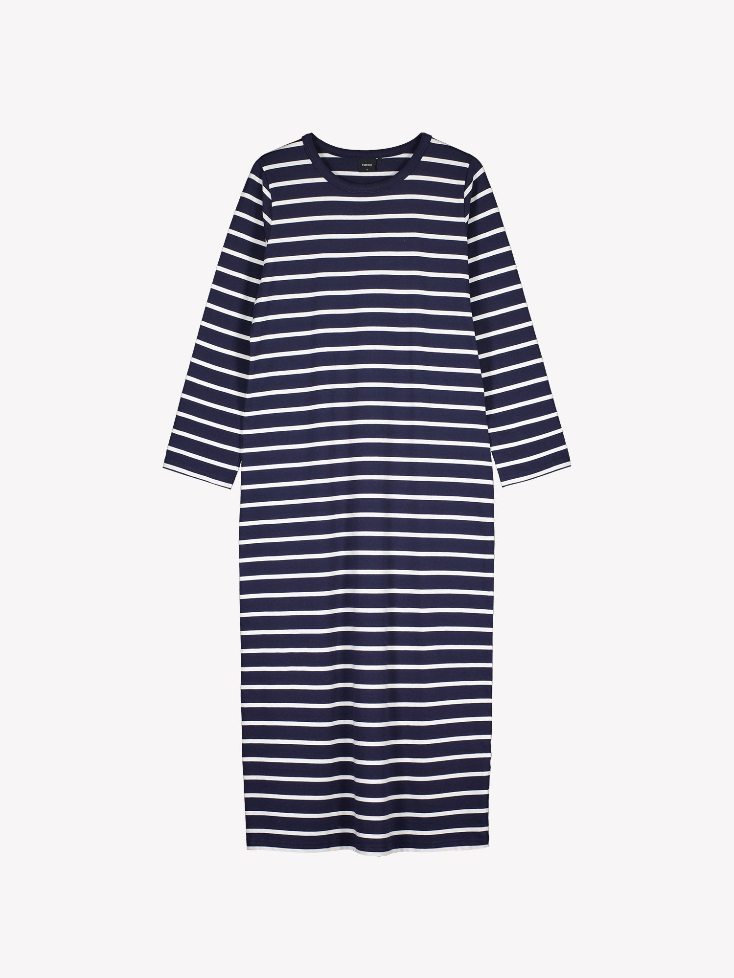 The full length women’s Duetto nightgown with blue and white stripes in a product picture.