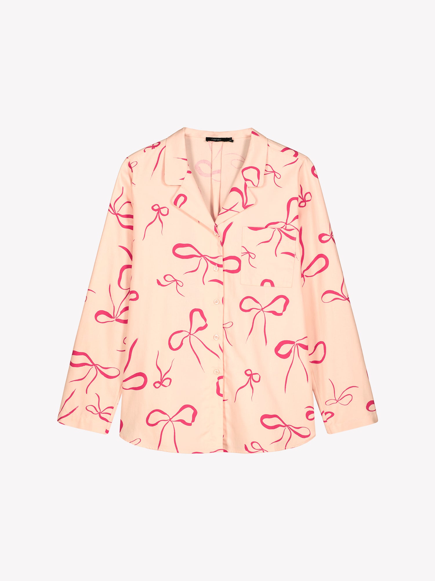 Pink Rusetti shirt with bow pattern in a product picture.