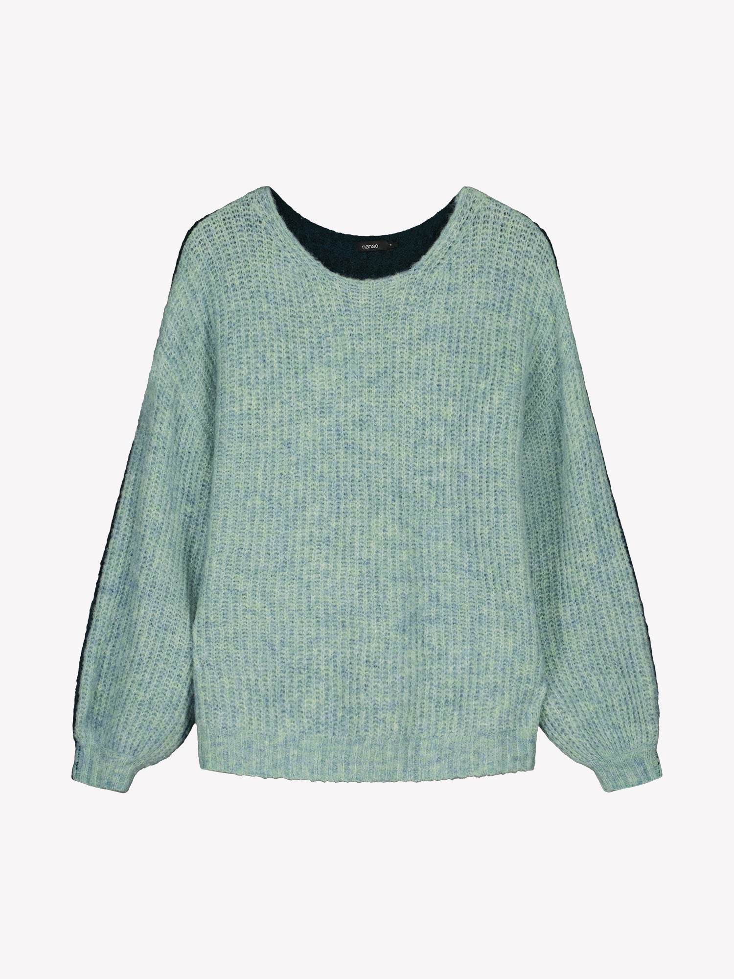 Nanso Women's luxurious green Karamelli knit sweater with contrasting green colors, product picture from the front.