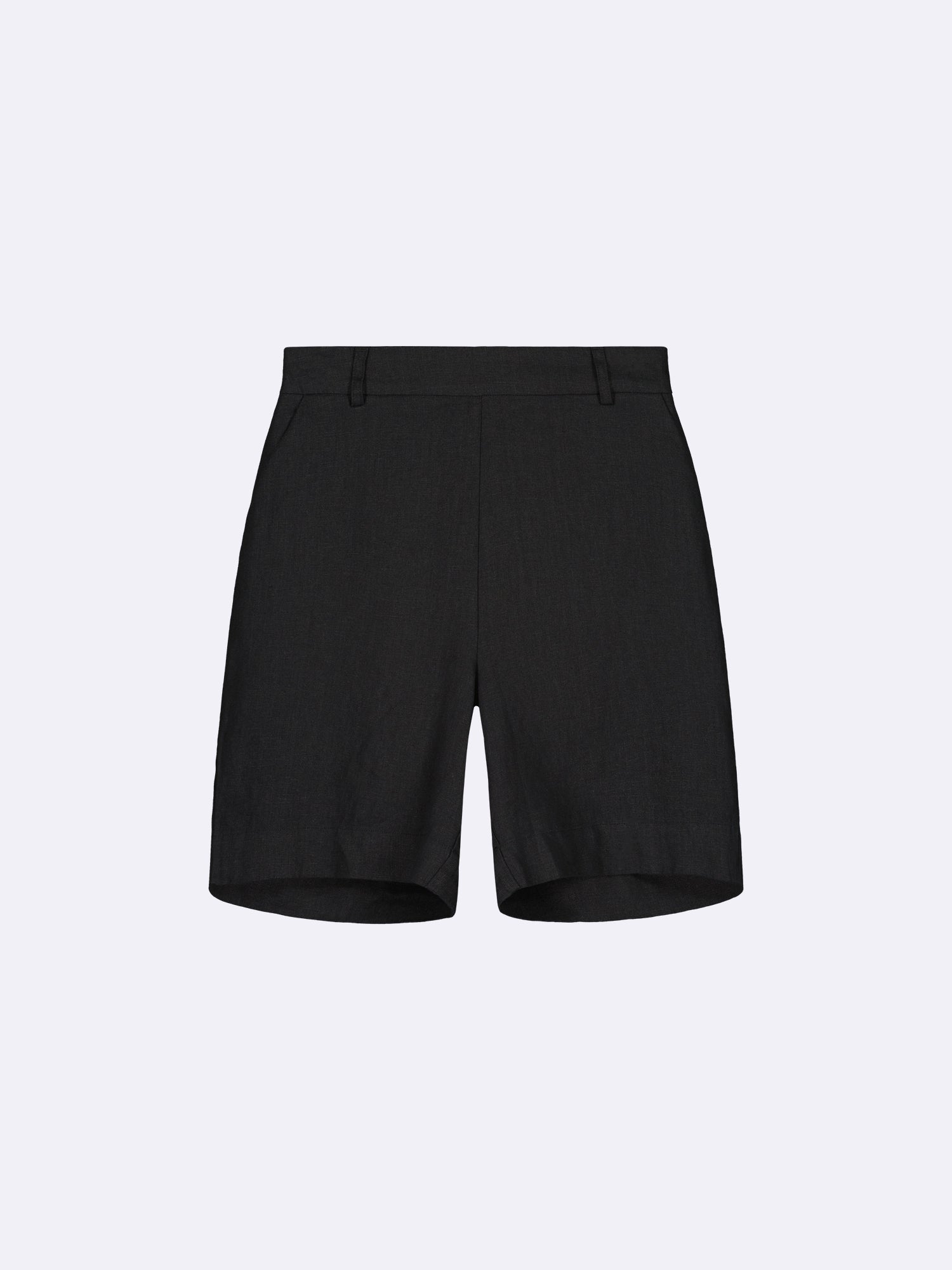 Nanso's classic black Liine linen shorts for women in a product picture