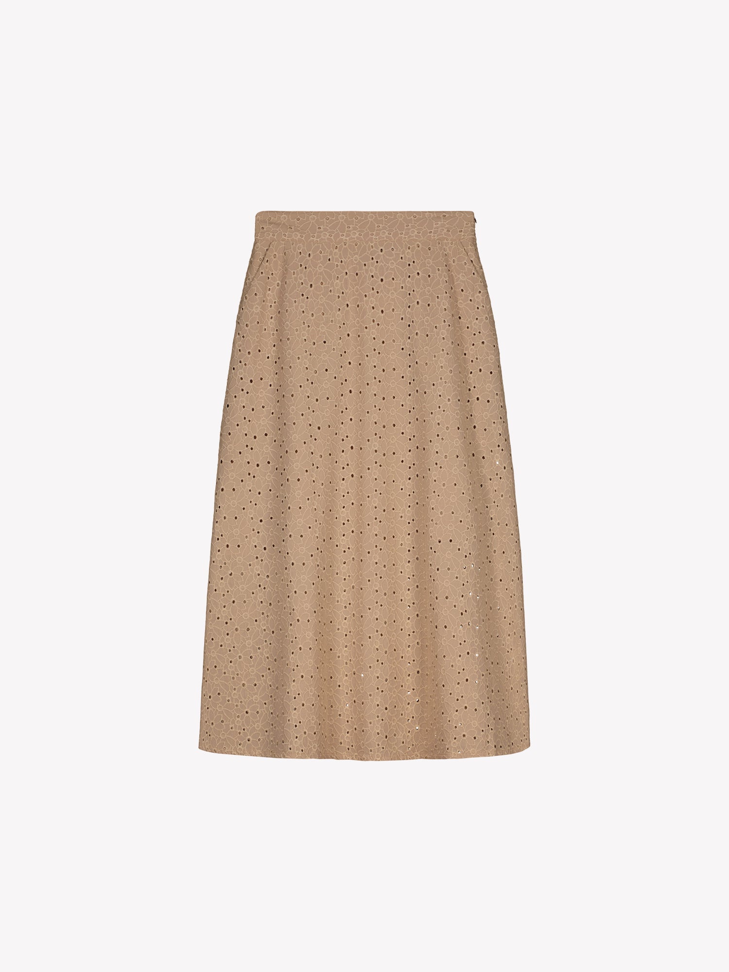Nanso women's embroidered NUPPU Skirt in beige featuring a broderie anglais style lace fabric, in a product picture