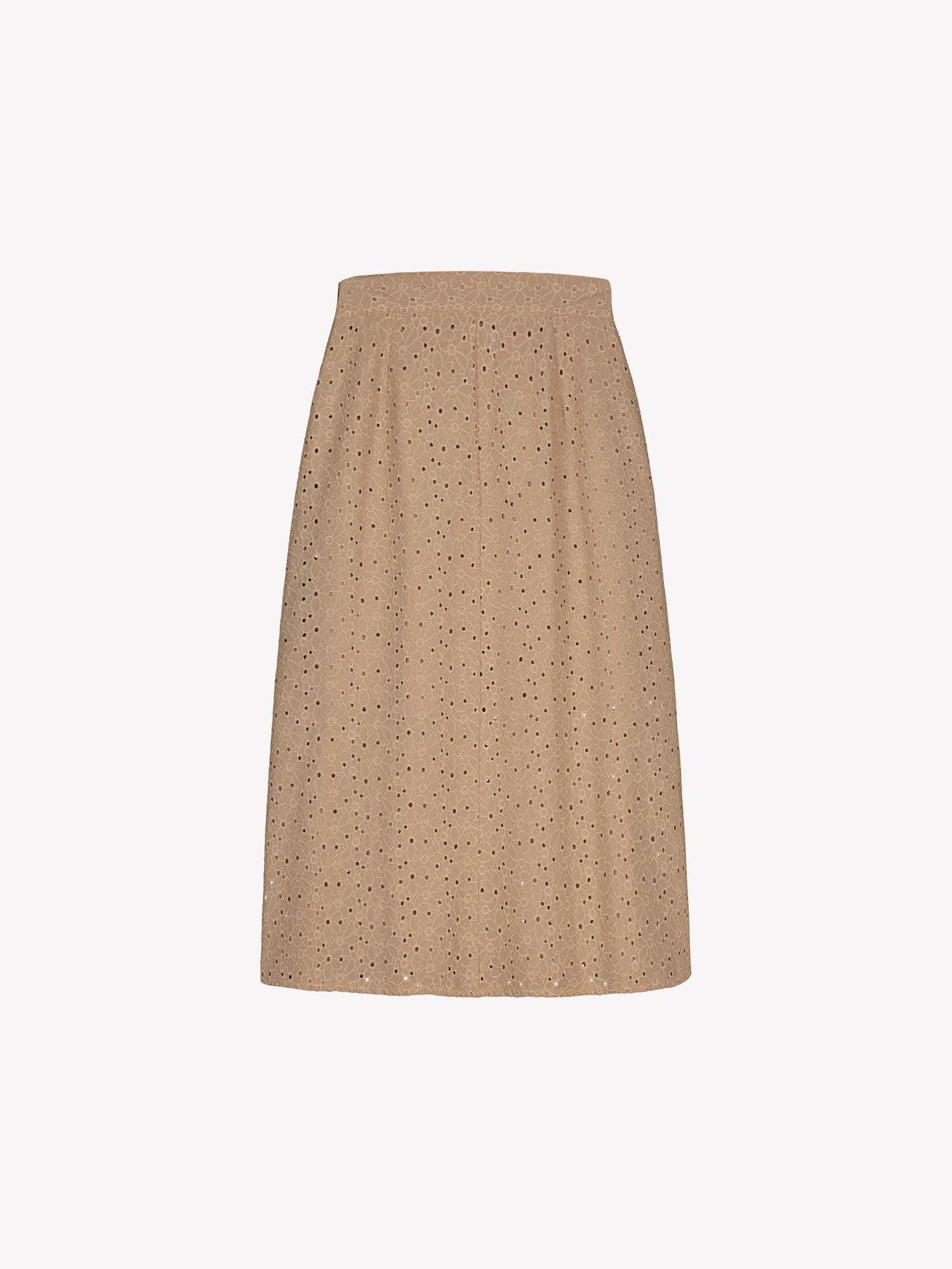 Nanso women's embroidered NUPPU Skirt in beige featuring a broderie anglais style lace fabric, in a product picture from the backside