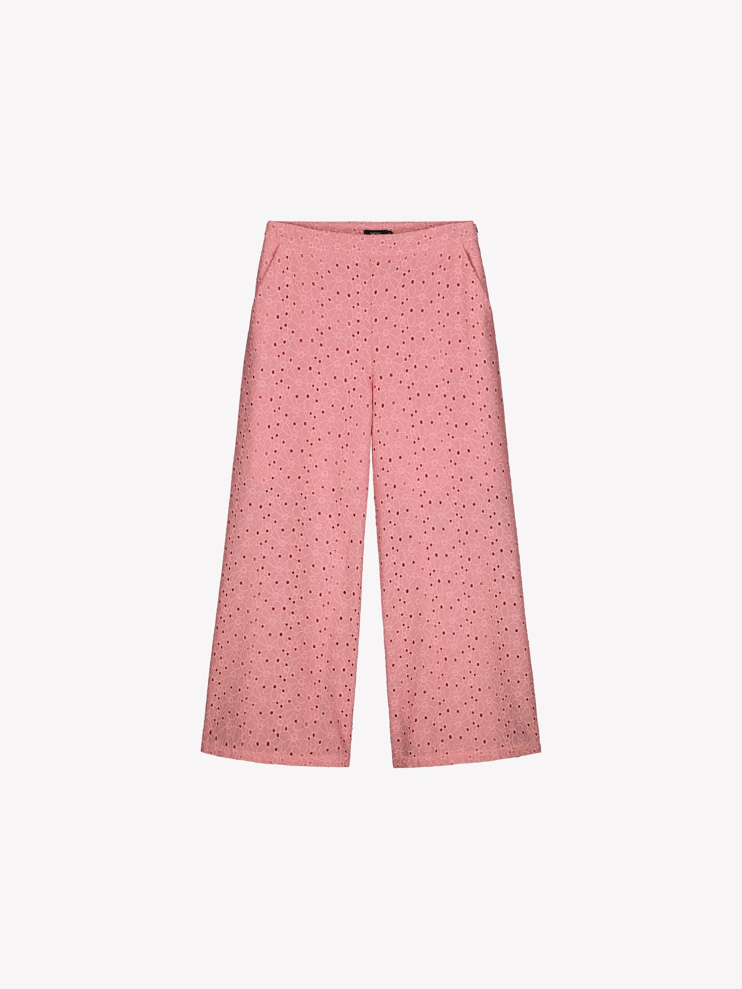 Nanso women's light pink embroidered Nuppu trousers with a broderie anglais style lace fabric in a product picture