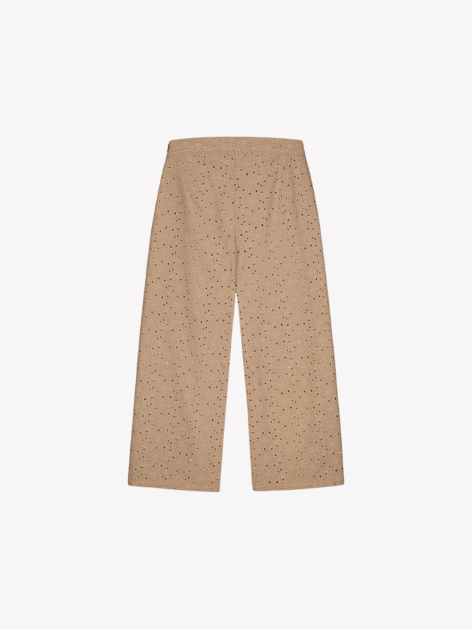 Nanso women's beige embroidered Nuppu trousers with a broderie anglais style lace fabric in a product picture from the backside