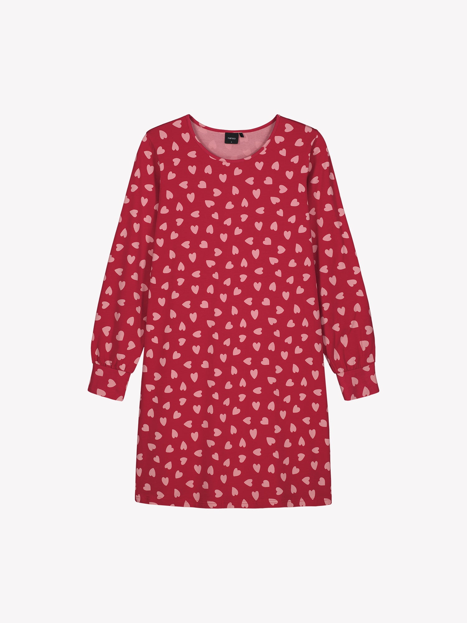 Nanso women's Amor short nightgown features a charming pattern, long sleeves and a round neckline, product picture.