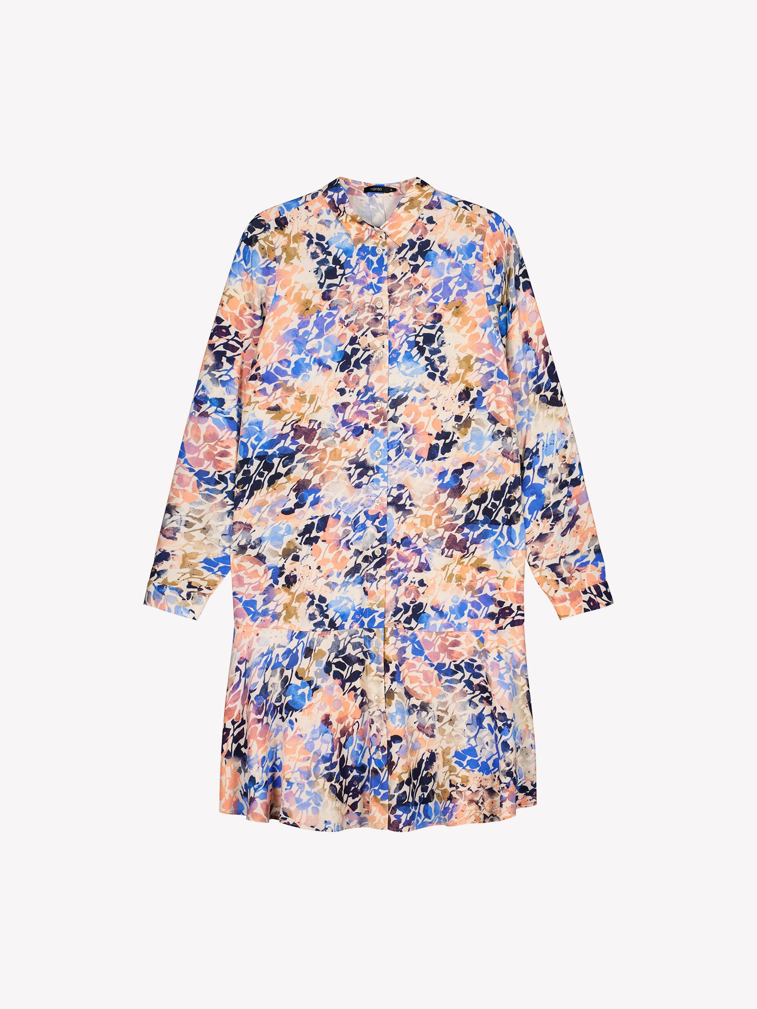 Women's SAGITTA Dress with vibrant pattern and flared hem. The dress features a front button closure and timeless collar design, paired with full-length sleeves. Product image from the front.