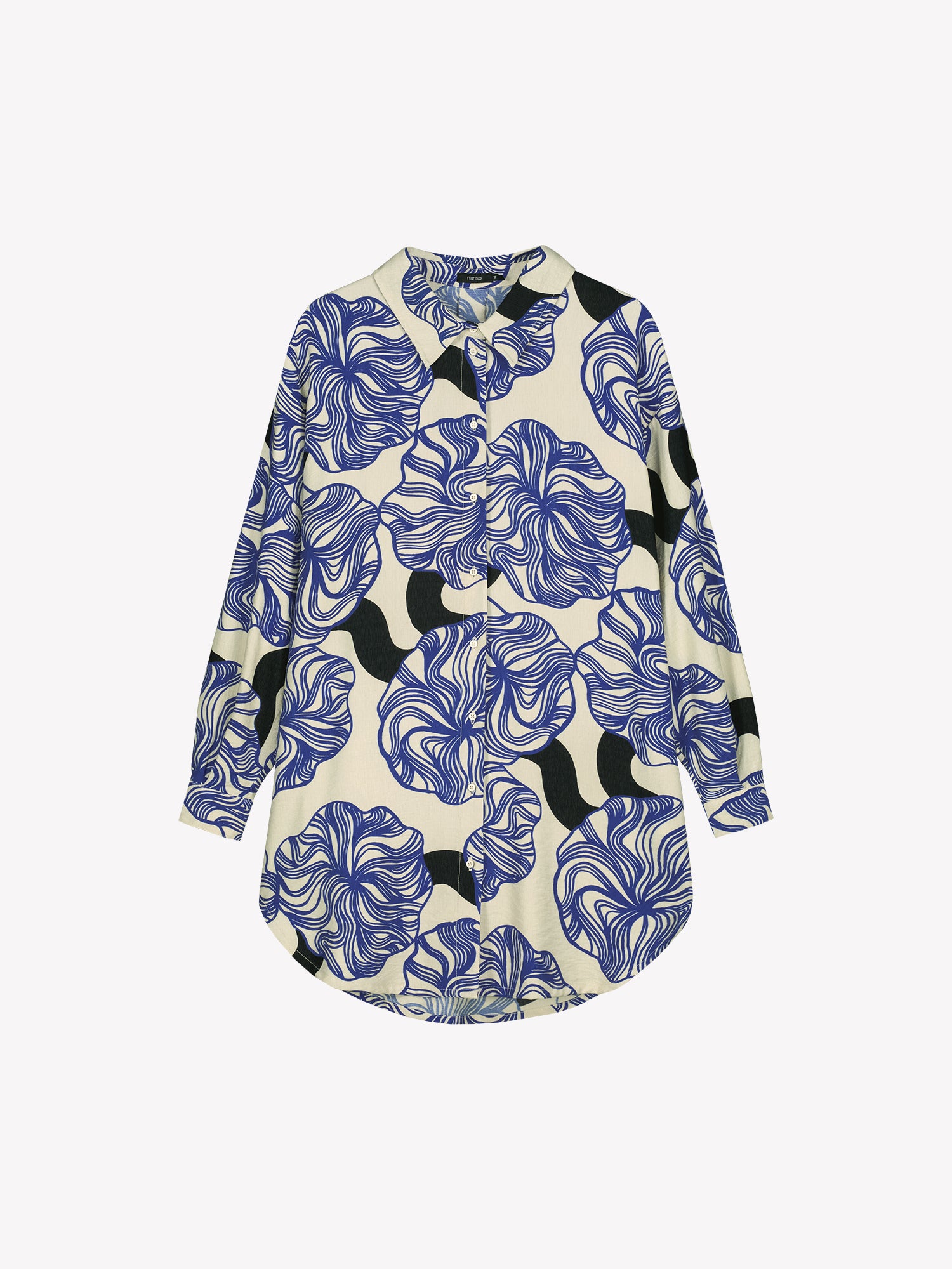 Women's KOSMO shirt features a striking blue patterned design paired with a timeless collar style, full-length sleeves, a practical front button closure and side pockets. Product picture from the front.