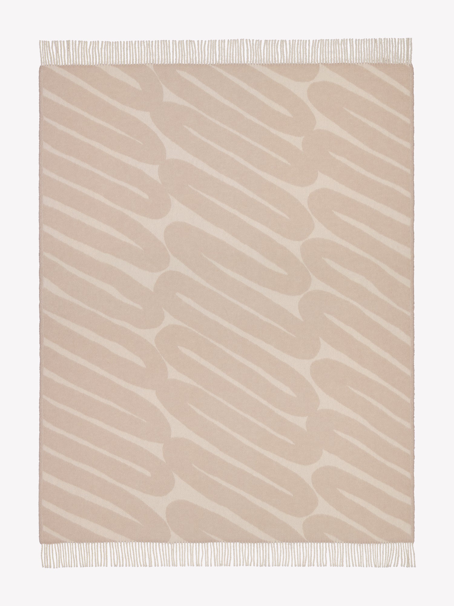 Laskos blanket in beige with a striking graphic pattern and twisted fringes on the shorter sides opened in a product picture.