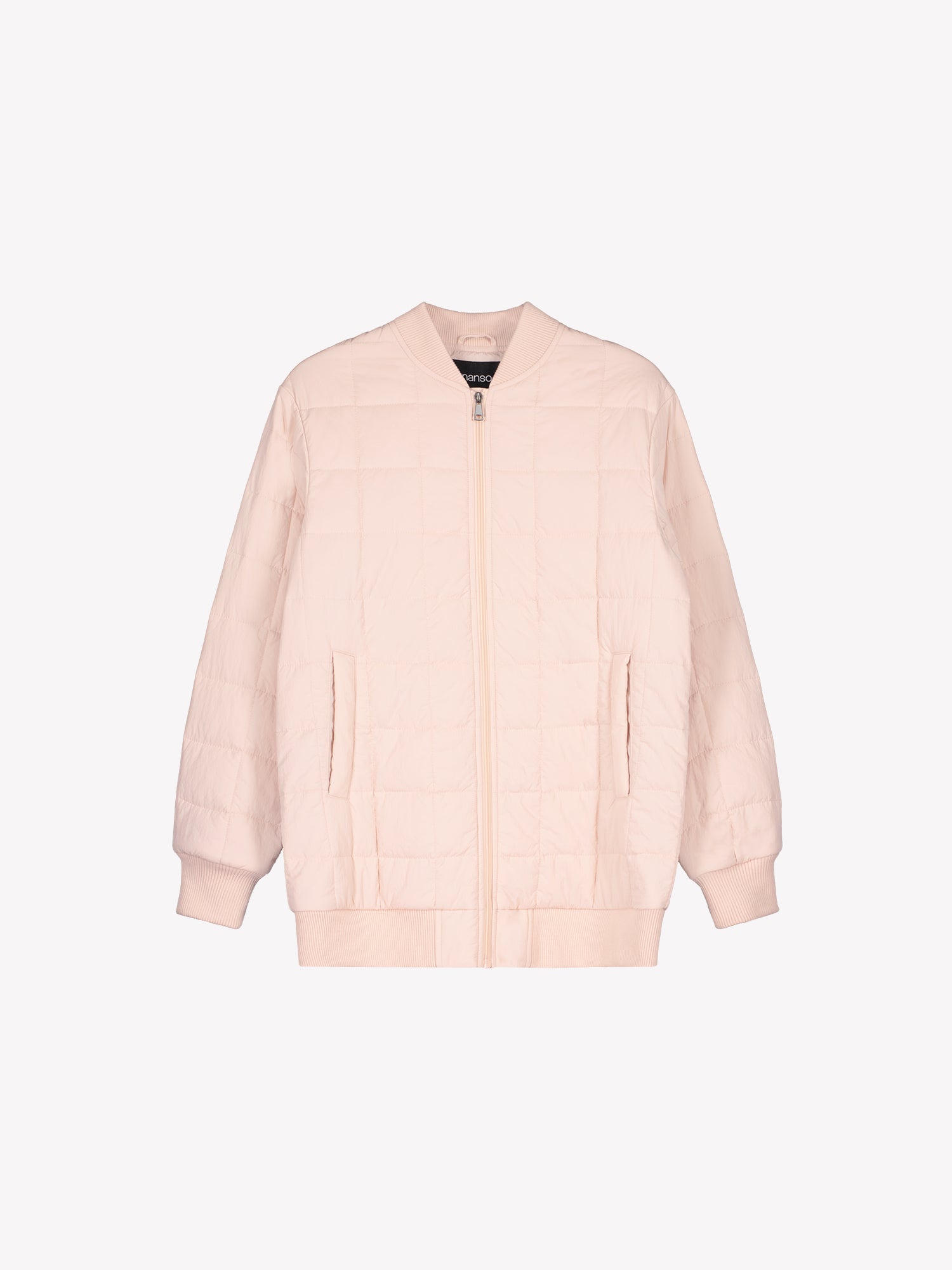 Nanso MERJE Quilted Bomber Jacket in Light Rose features a lightweight Sorona -insulation, ribbed knit detailing at the neckline, cuffs, and hem. Dropped shoulders create a relaxed, contemporary silhouette. Product picture from the front.