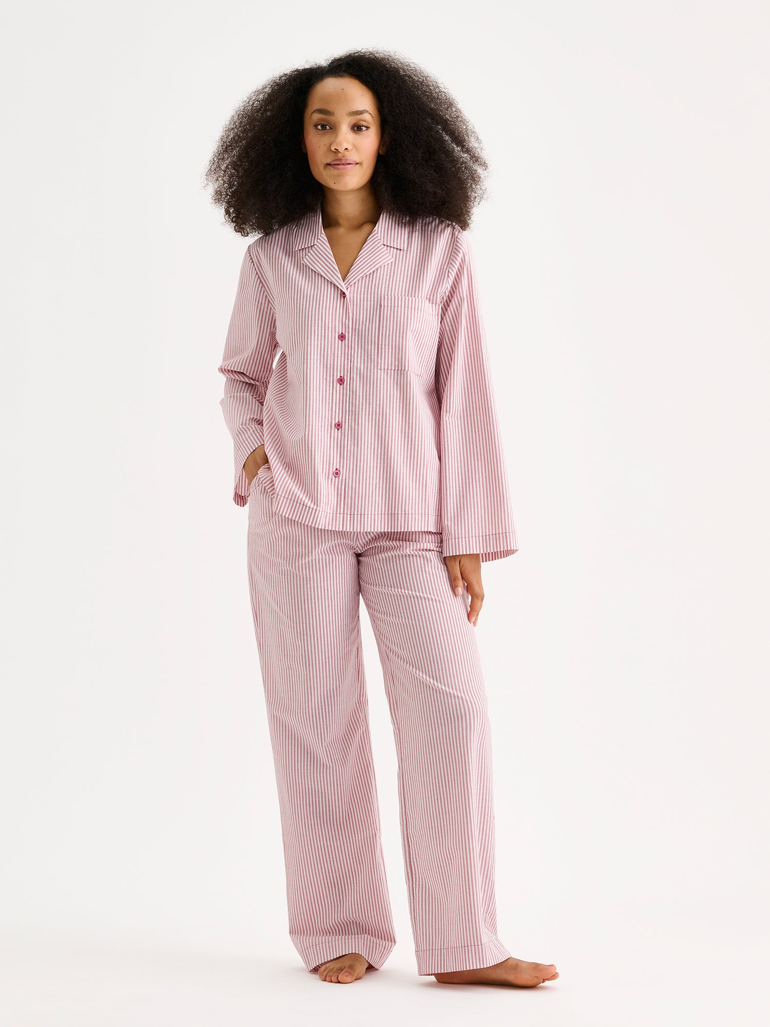 Nanso women's Tauko pajama shirt on a model with matching pajama pants