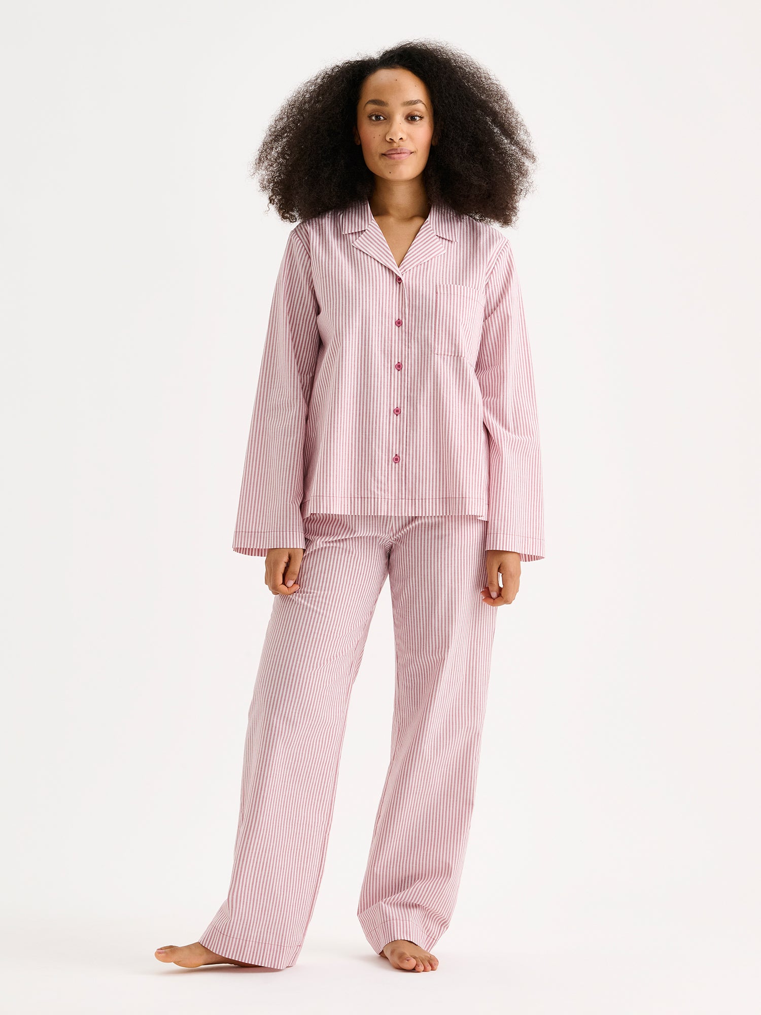 Nanso women's Tauko pajama shirt on a model with matching pajama pants
